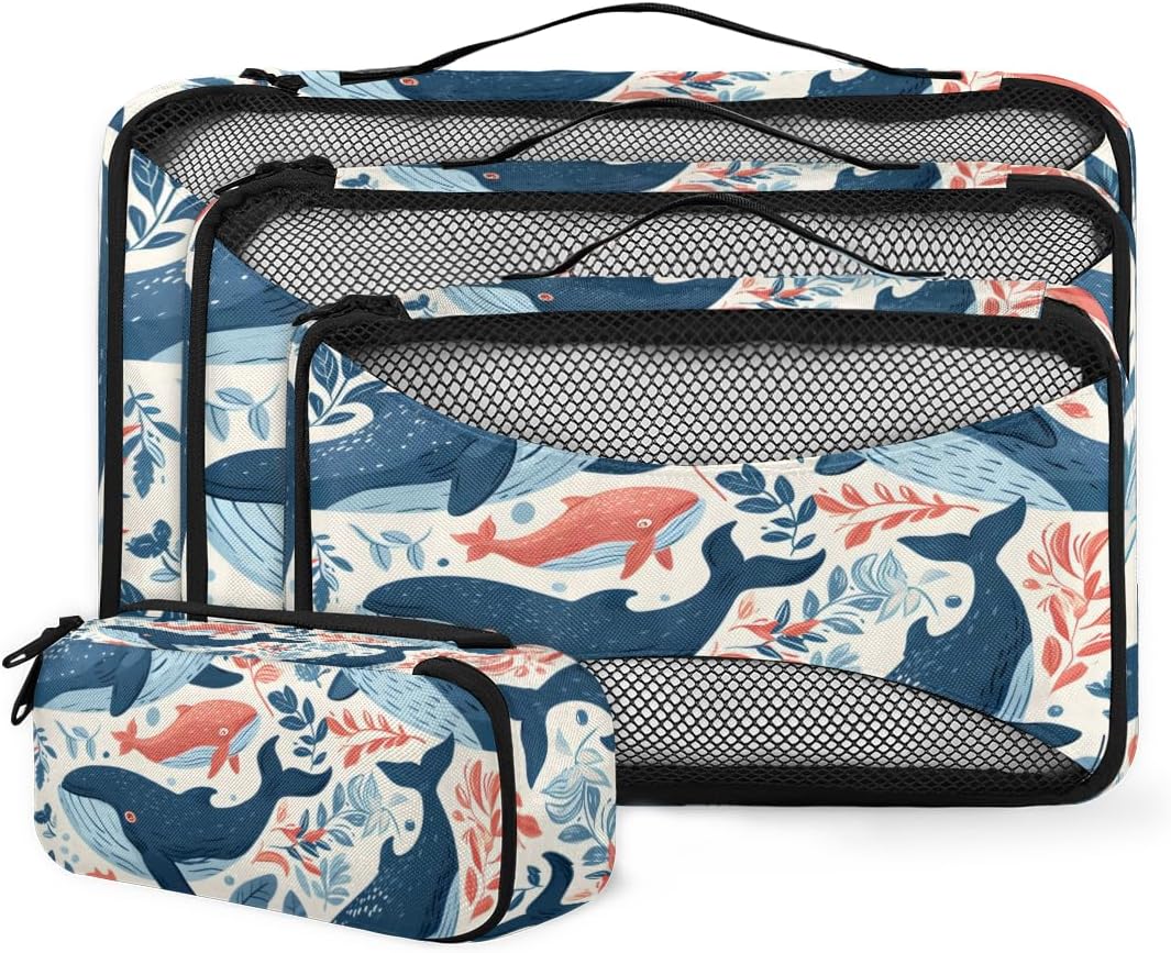 Leaves Animals Whale Pattern 4 Set Packing Cubes Packing Cubes for Women Lightweight Travel Essential Bag Clothes Carry on Suitcase Bags for Accessories Essentials