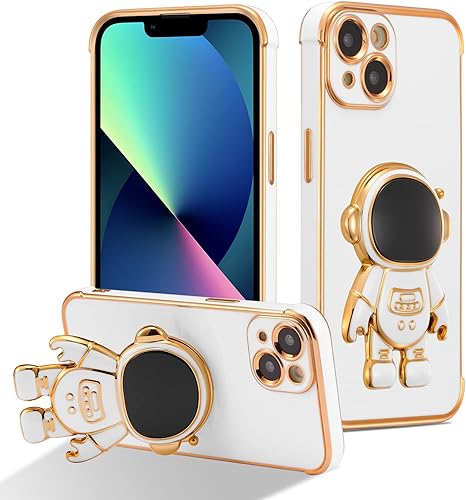 Miniatura 1 de RALEAVO Funda para iPhone 15, bonita funda para teléfono de astronauta 6D con soporte, cubierta de lujo chapada en lujo, ajuste delgado, a prueba de