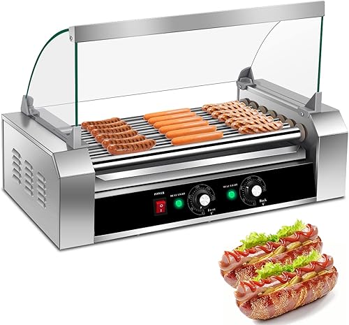 SIMOE Máquina de parrilla para perros calientes, 18 rodillos de 7 rodillos con tapa, 1050 W eléctrica con doble control de temperatura, bandeja de