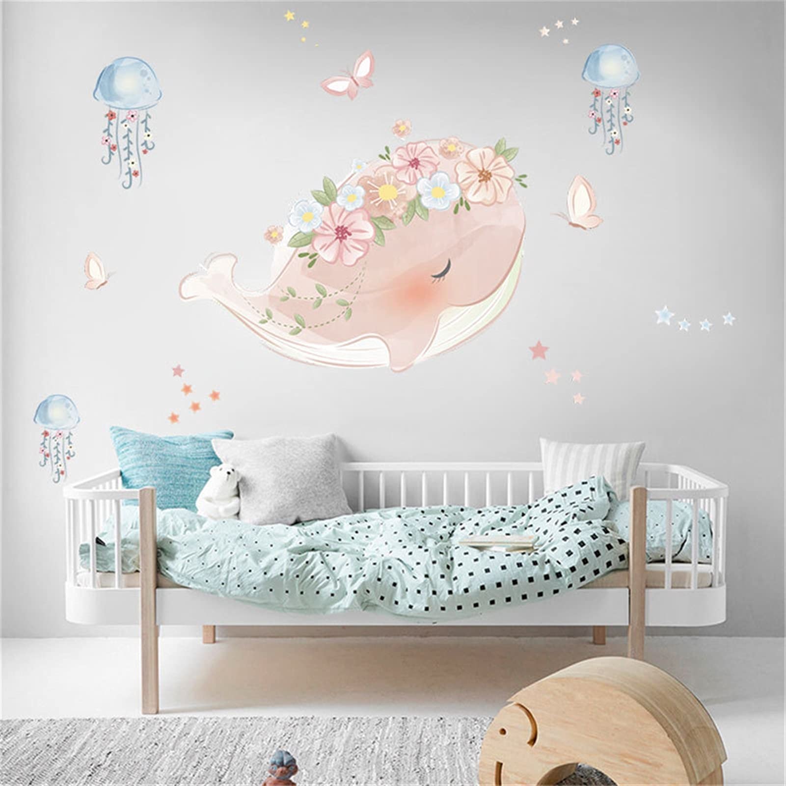 caihuashopping Różowy wieniec wieloryb meduza naklejka ścienna do pokoju dziecięcego dekoracja przedszkola tapeta odklej i przyklej winyl dziecko DIY kalkomania mural