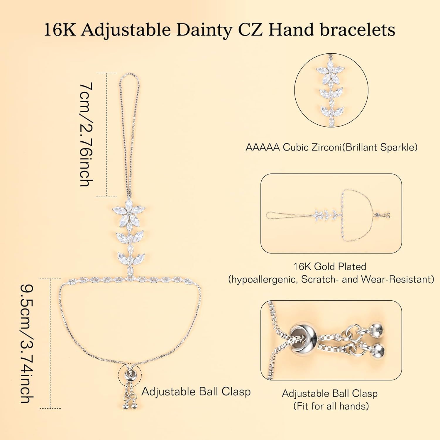 Adjustable Hand Chain Bracelet for Women,16K Hand Bracelet with CZ Heart Pendant, Elegant Finger Jewelry,Secure Ball Clasp Custom for All Hand Sizes and Any Occasion - Image 5