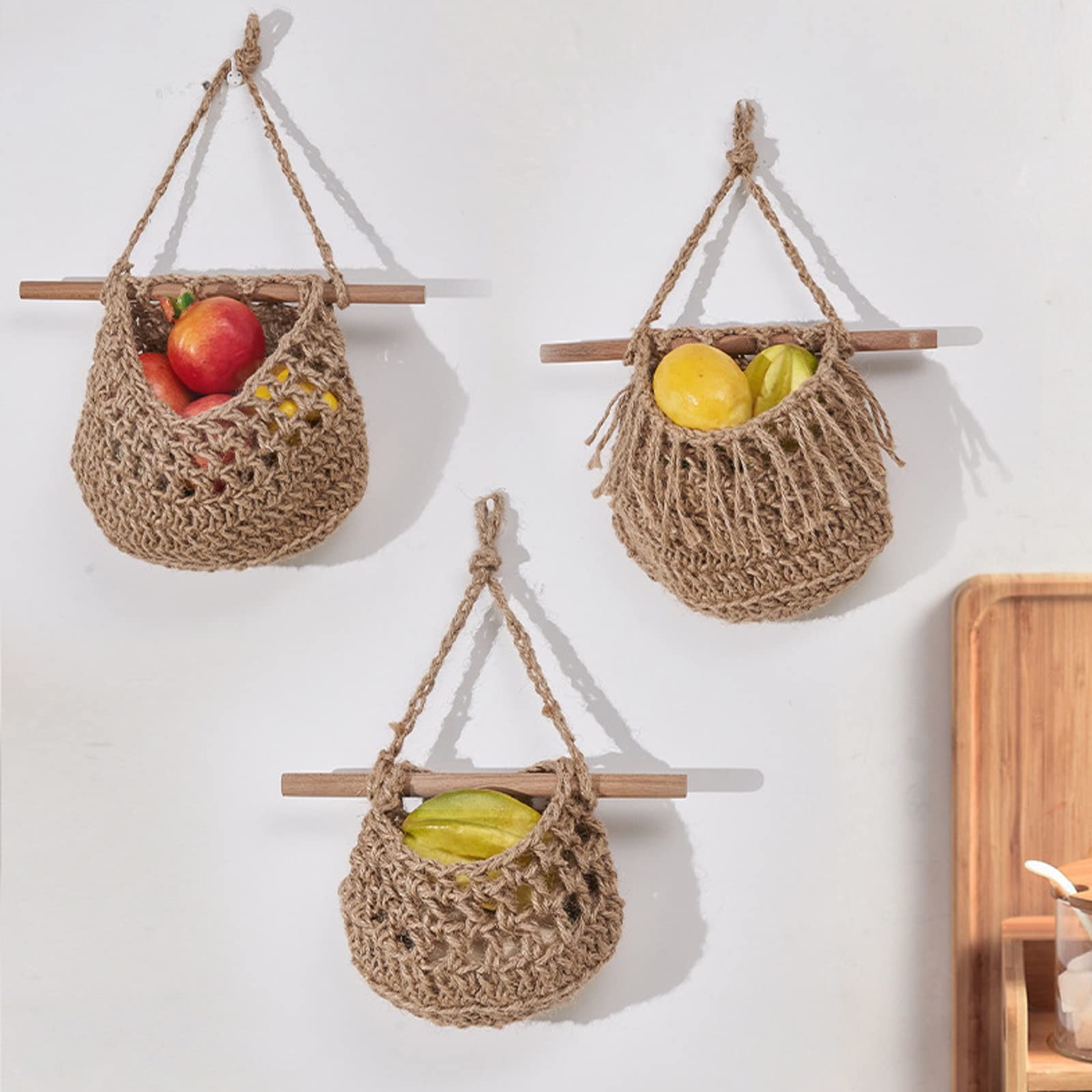 Lot De 3 Paniers Muraux à Fruits En Corde Tissée - Rangement Cuisine Légumes Et Fruits