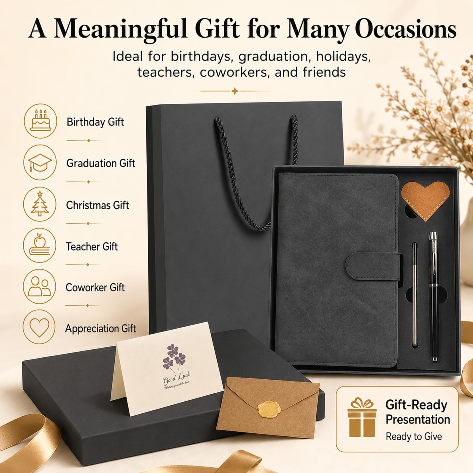 Leder-Notizbuch-Geschenkset, A5, Hardcover-Tagebuch mit Stift und 6 Herz-Lesezeichen, Geschenkbox + Tasche (schwarz)