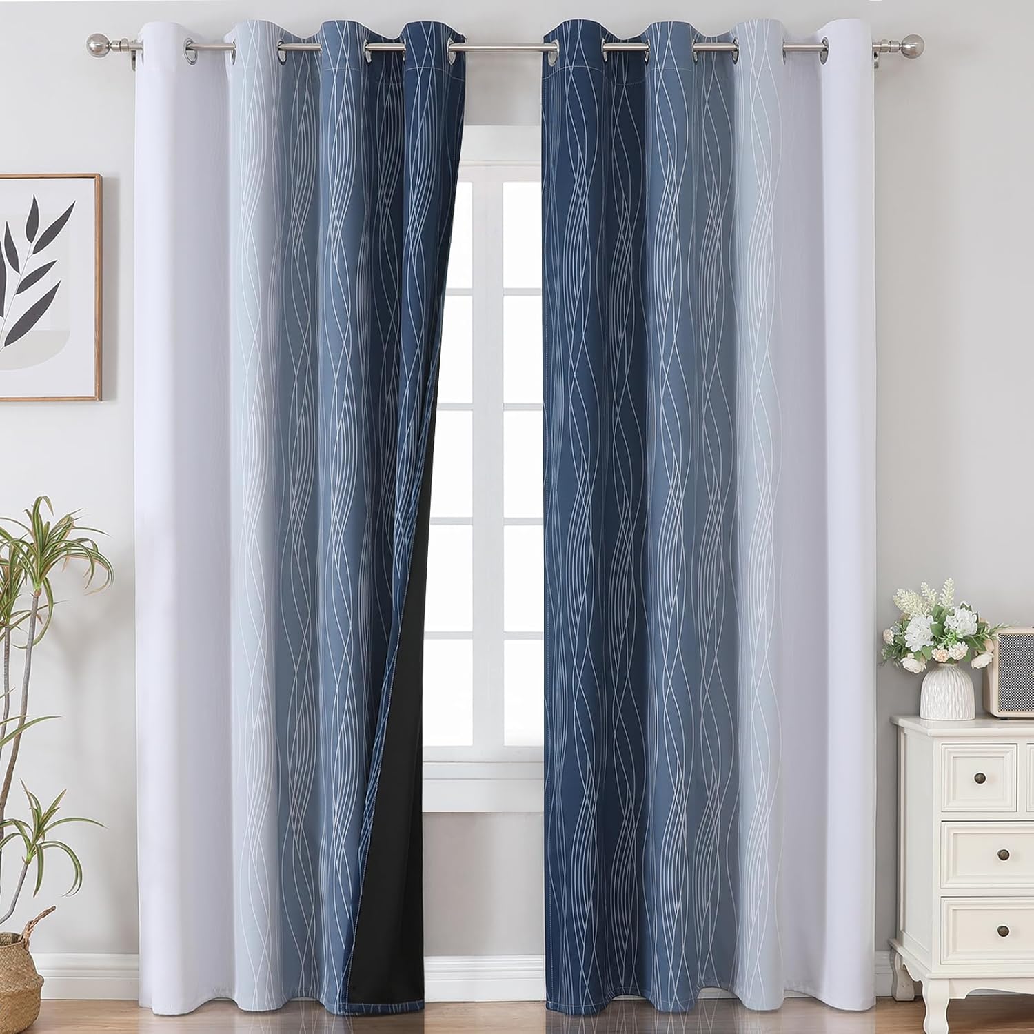 estelar textiler blackout curtains 90 inches long 2 panels, navy blue and greyish white thermal insulated energy saving ombre drapes for bedroom,light blocking grommet curtains for living room,52wx90l 52"w x 90"l (pack of 2) navy blue and greyish white