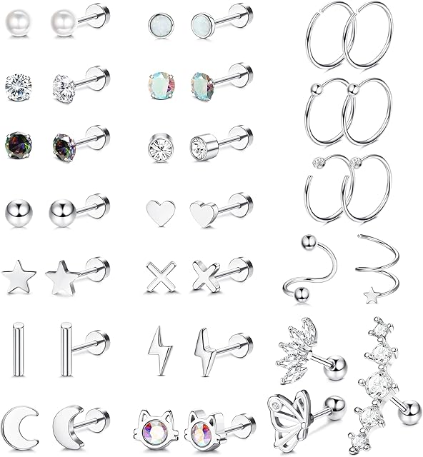 Chriscoco 39Pcs Surgical Steel Cartilage Earrings for Women Multipack Stud Earrings Set Tiny Zirconia Star Flat Back Earrings Helix Piercing Jewelry Hypoallergenic