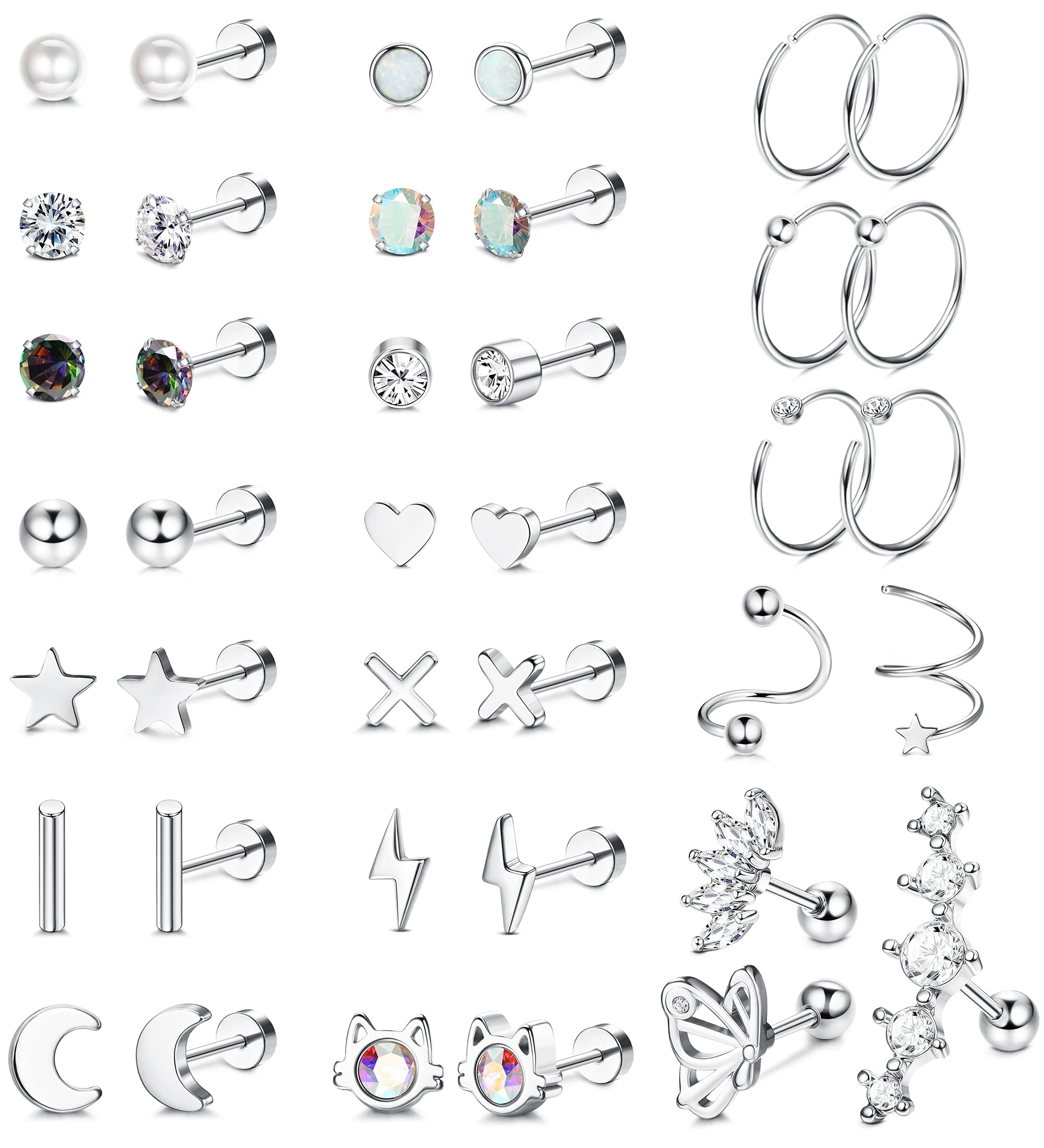 Chriscoco39 Piezas Pendientes Acero Quirúrgico para Mujer Zirconia Hélice Tragus Conch Cartílago Piercing Aretes De Parte Posterior Plana Joyería Hipoalergénica
