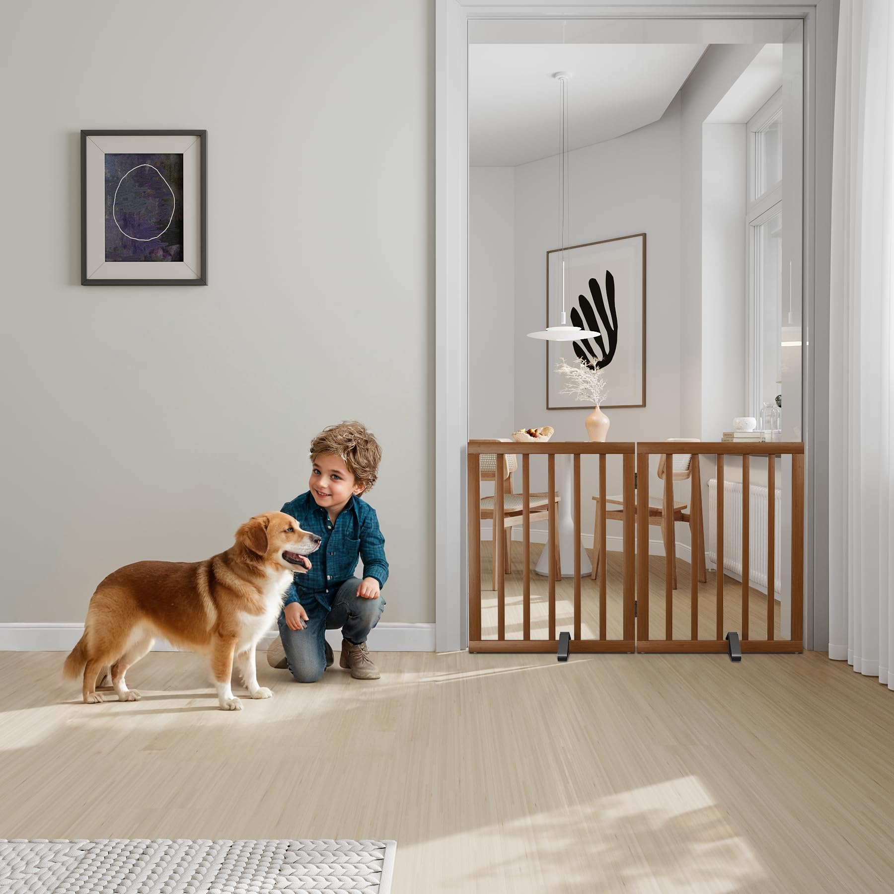 Semiocthome Puerta para perros de interior de 2 paneles independientes para cachorros para la casa con 2 soportes de metal, puerta plegable de madera para mascotas de 24 pulgadas de alto, puerta de