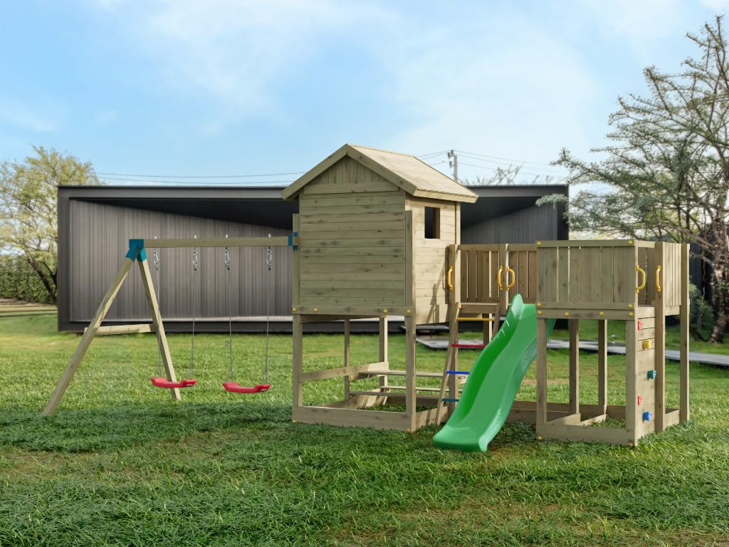 Longstepper Stelzenhaus Grün 575x300x275 cm, Kesseldruckimprägniertes Garten Spielhaus, Inklusive Doppelschaukel Rutsche Kletterwand Und Picknicktisch, Robustes Holz Spielgerät Für Den Garten, 0 x ...