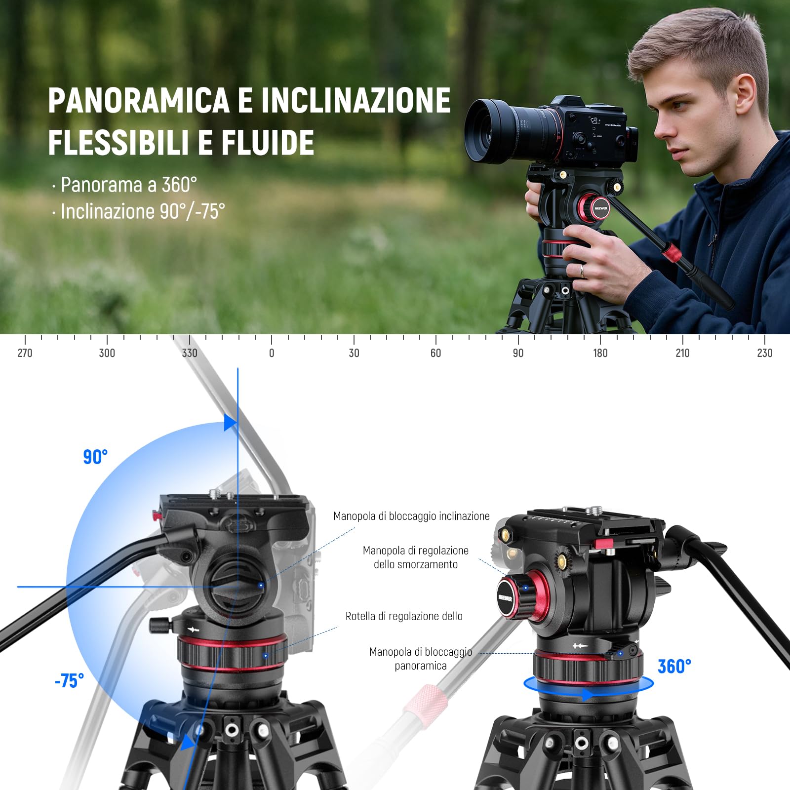 NEEWER 198cm Treppiede Video in Fibra Carbonio con Testa Fluida Smorzamento Regolabile, Sgancio Rapido a Un Passo con Piastra QR e Maniglia, Camera Tripod Robusto per DSLR Videocamera, Max 10kg, LL37