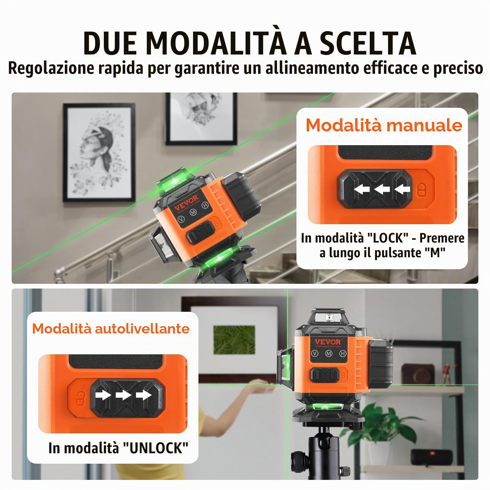 VEVOR Livella Laser Raggio max. 30m Livella Laser 360° x 4 Linee Trasversali Verdi Modalità Manuale Autolivellamento Lunghezza d'Onda Laser 520nm ± 10nm Precisione tra 0,28cm - 10m