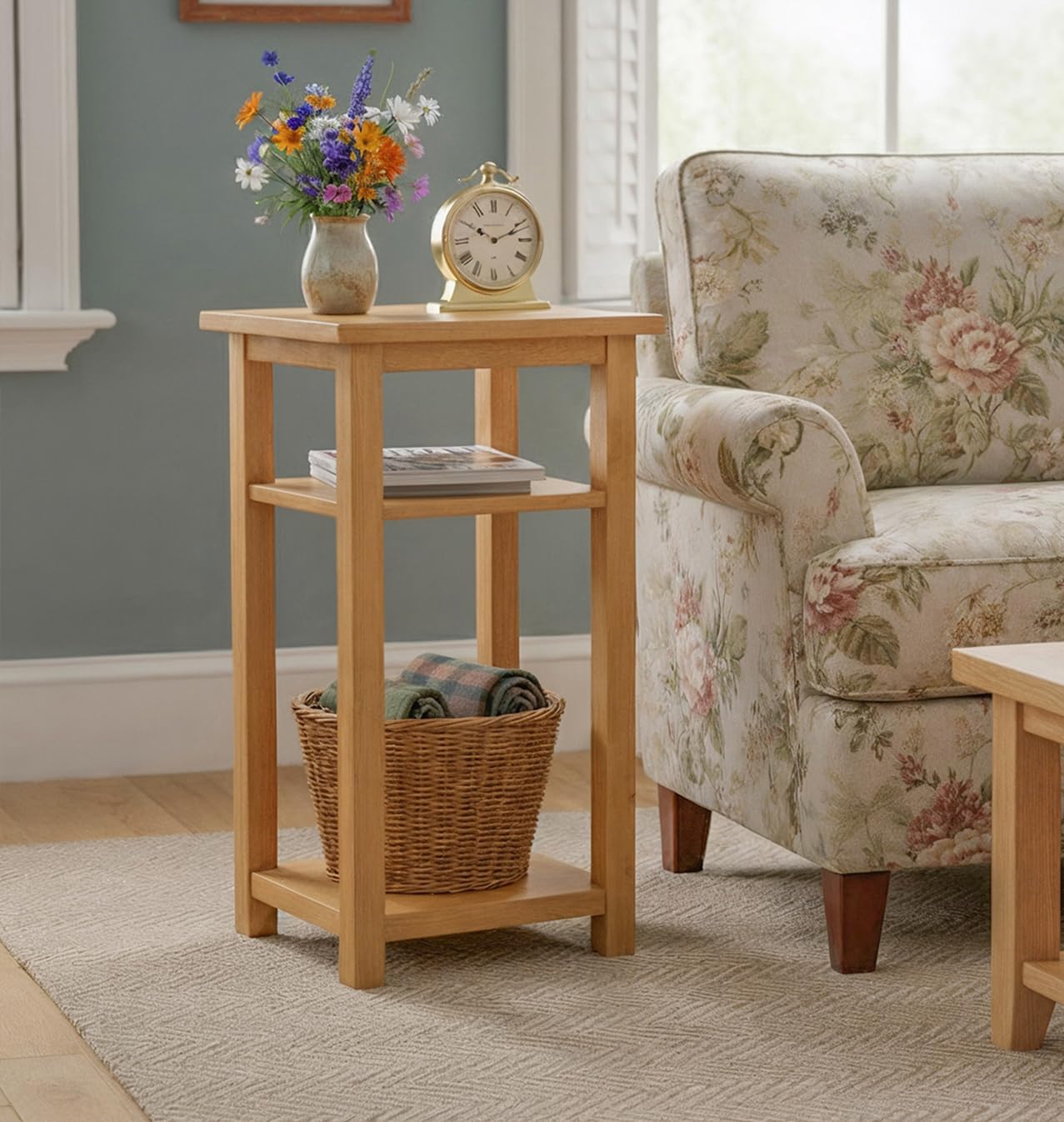 Hallowood Furniture Aston Wooden Small Side Table with 2 Shelves, Light Oak Plant Side Table, Small Coffee Tables, Modern Lamp/Plant Stand for Living Room, Bedroom or Hallway