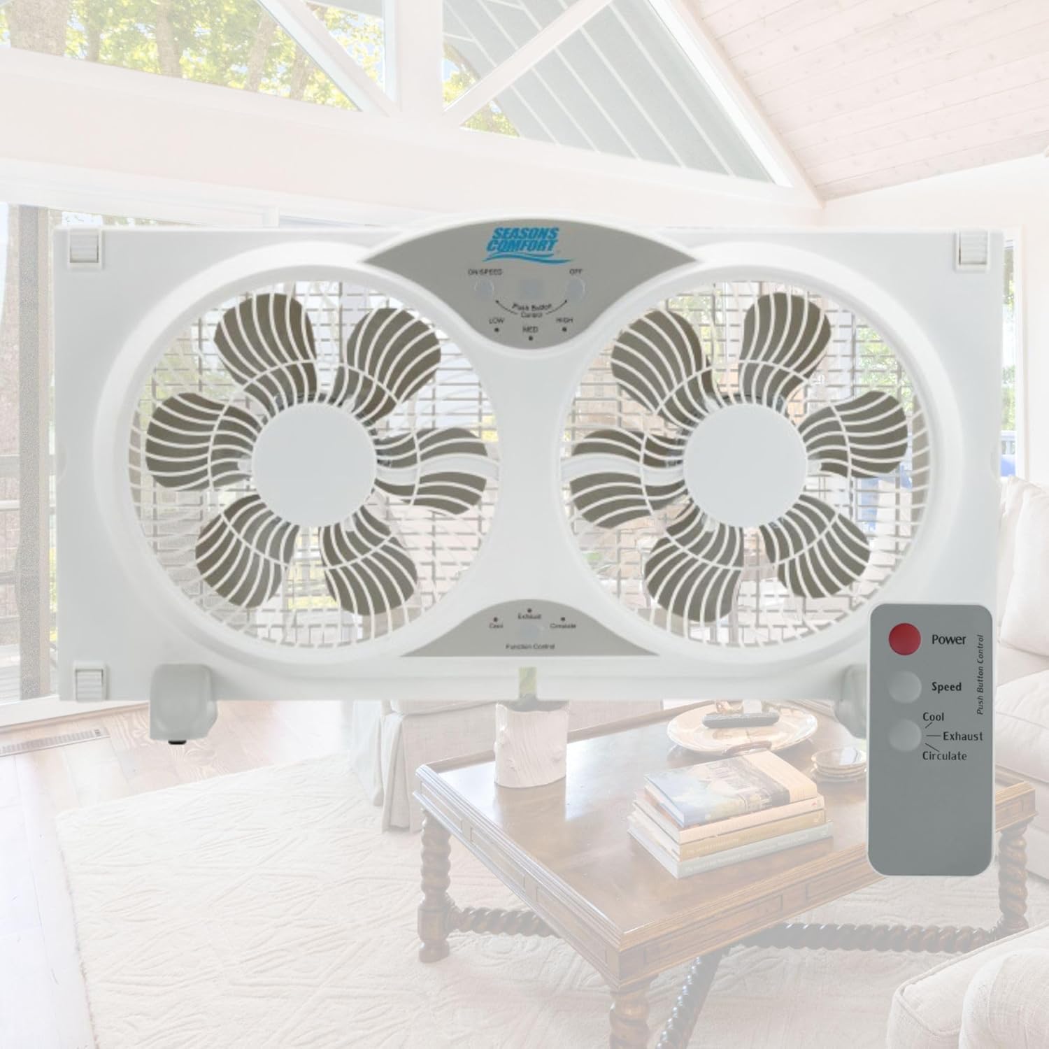 seasons comfort 9" twin window fan, 3-speed, quiet design, portable, remote control, etl listed, adjustable extensions - ideal for home, kitchen, bedroom & office