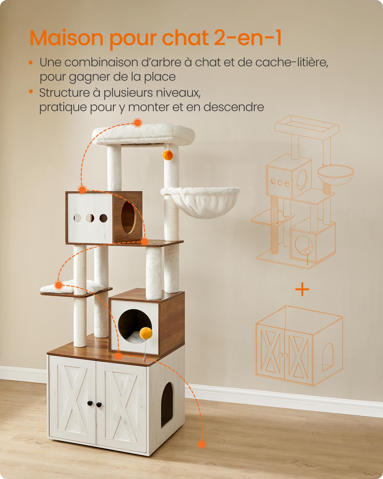 Feandrea Arbre à Chat Moderne avec Cache-litière, Tour de Jeu, Griffoir avec Maison de Toilette, 180 cm, Niche, Plateforme, Tapis Lavables, Marron Miel et Blanc Rustique PCT116K03