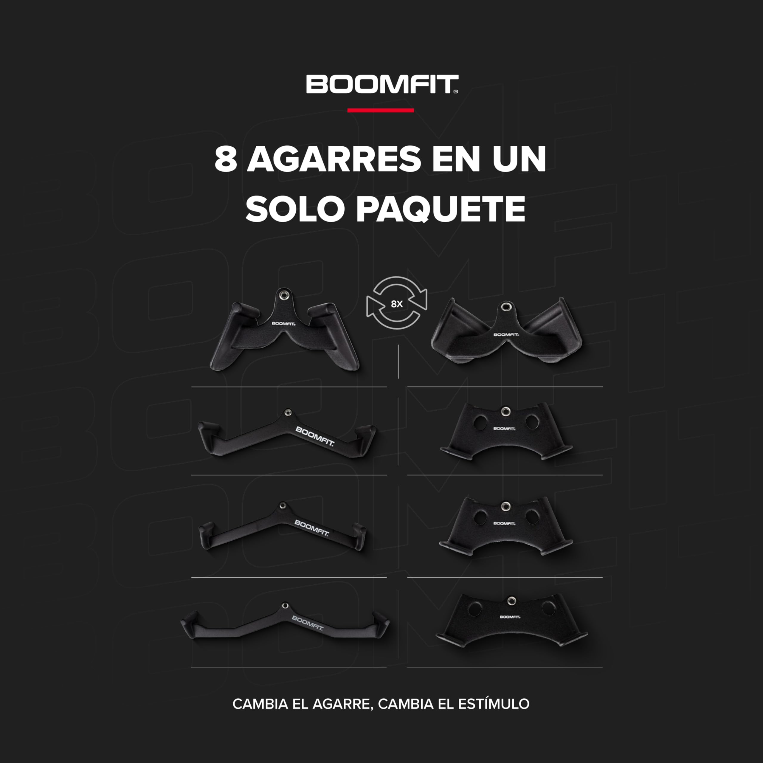 BOOMFIT Pack 8 Agarres para Polea en Hierro Fundido y PVC | Accesorios para Poleas de Gimnasio para Entrenar Espalda, Bíceps, Tríceps y Hombros | Incluye Barra de Jalón, Remo en V y Acoples de Remo | 8 agarres de hierro fundido para tu máquina de polea