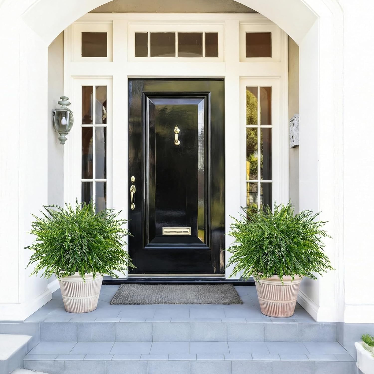 24" Outdoor Topiary Set of 2 Fake Fern Plants Artificial Boxwood Topiary Ball Trees for Front Porch UV Resistant Fake Bushes with Ground Spike for Garden Yard Patio Decor