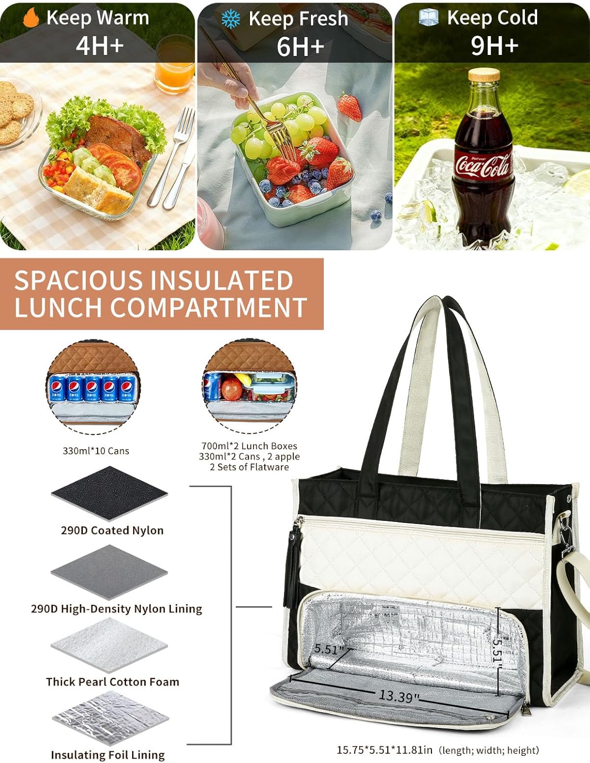 Rexmore Puffer Lunch Tote Bag for Women with Insulated Compartment & 15.6" Laptop Sleeve, 2 in 1 Quilted Computer Purse with Cup Holder for Work, College, Travel(Black-Beige) - Image 3