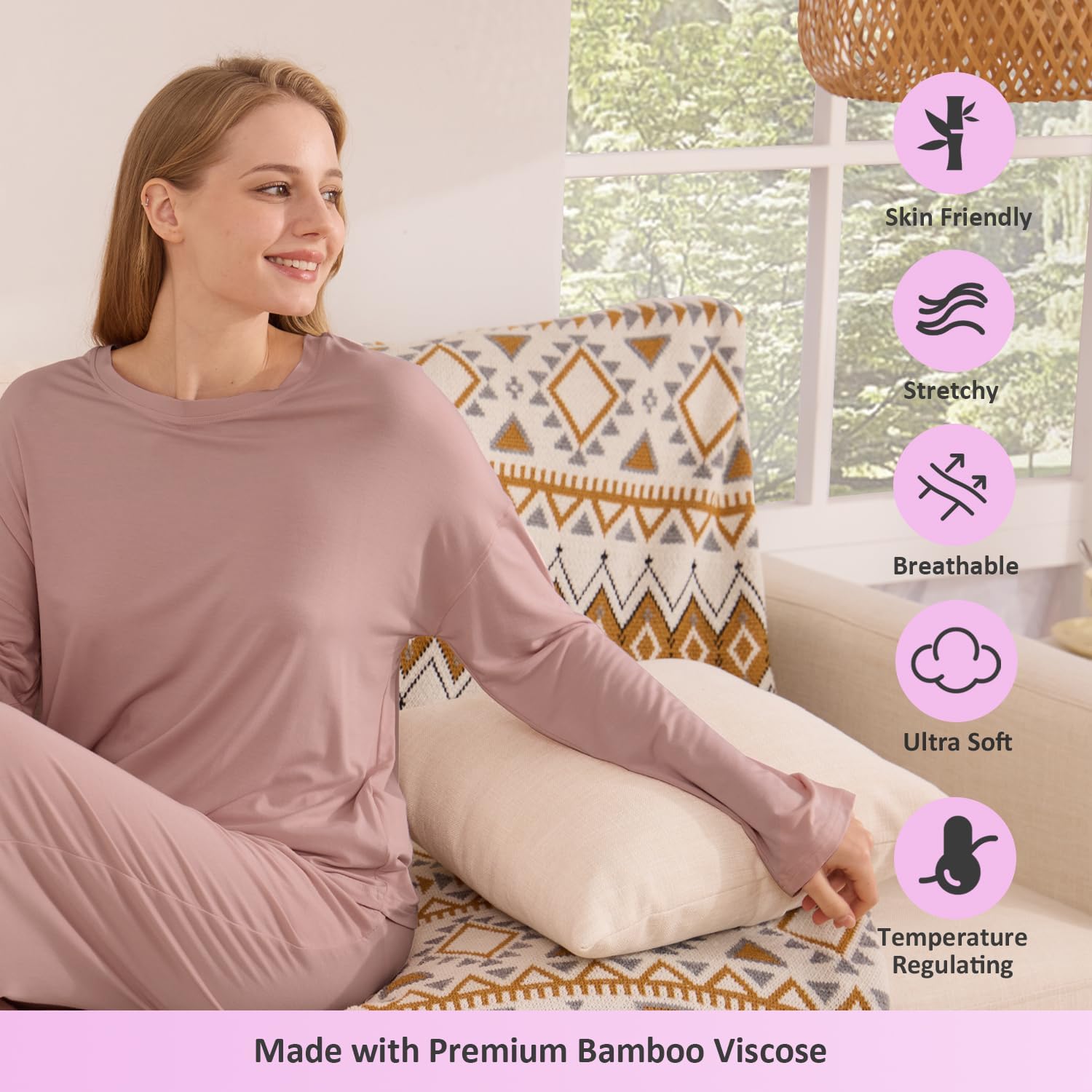 TOSMO Women Pajama Sets Viscose from Bamboo Long Sleeve Sleepwear Super-Soft Comfy Button Down Lounge Sleep Cooling Pjs - Image 4