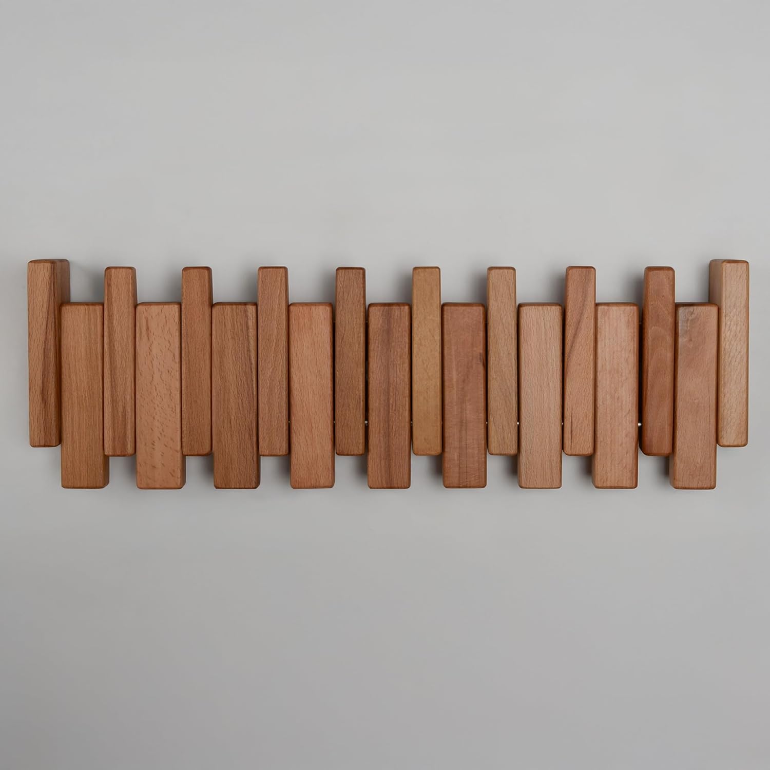 Piano Key Coat Rack – 8-Hook Rack in Solid Beech – Space-Saving Flip Hooks – Entryway Organizer for Coats, Hats, Bags