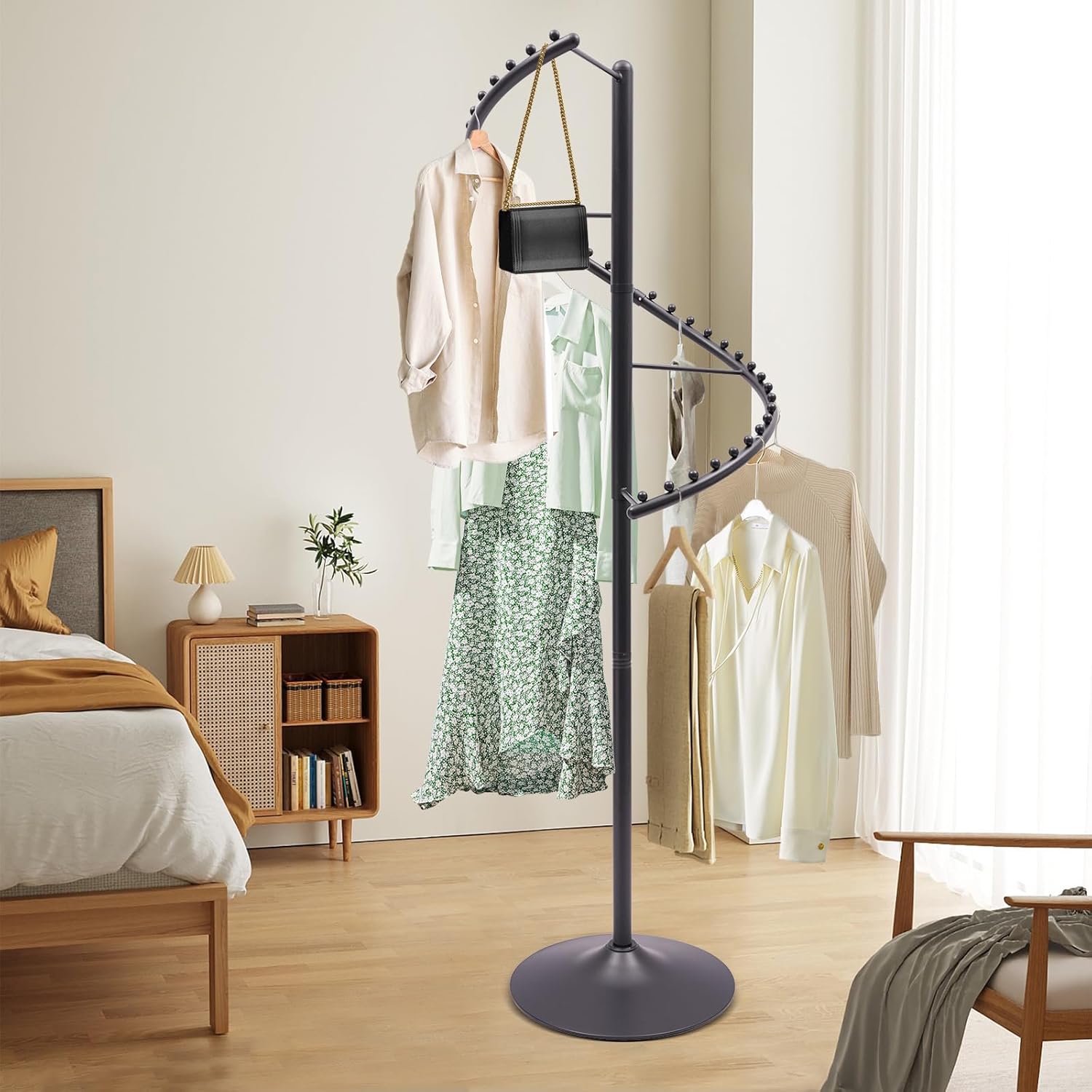 Spiral Rotating Clothing Rack, 360° Spiral Retail Costumer Heavy Duty Garment Rack with 38 Ball for Retail Stores, Bedroom, Living Rooms (Black)