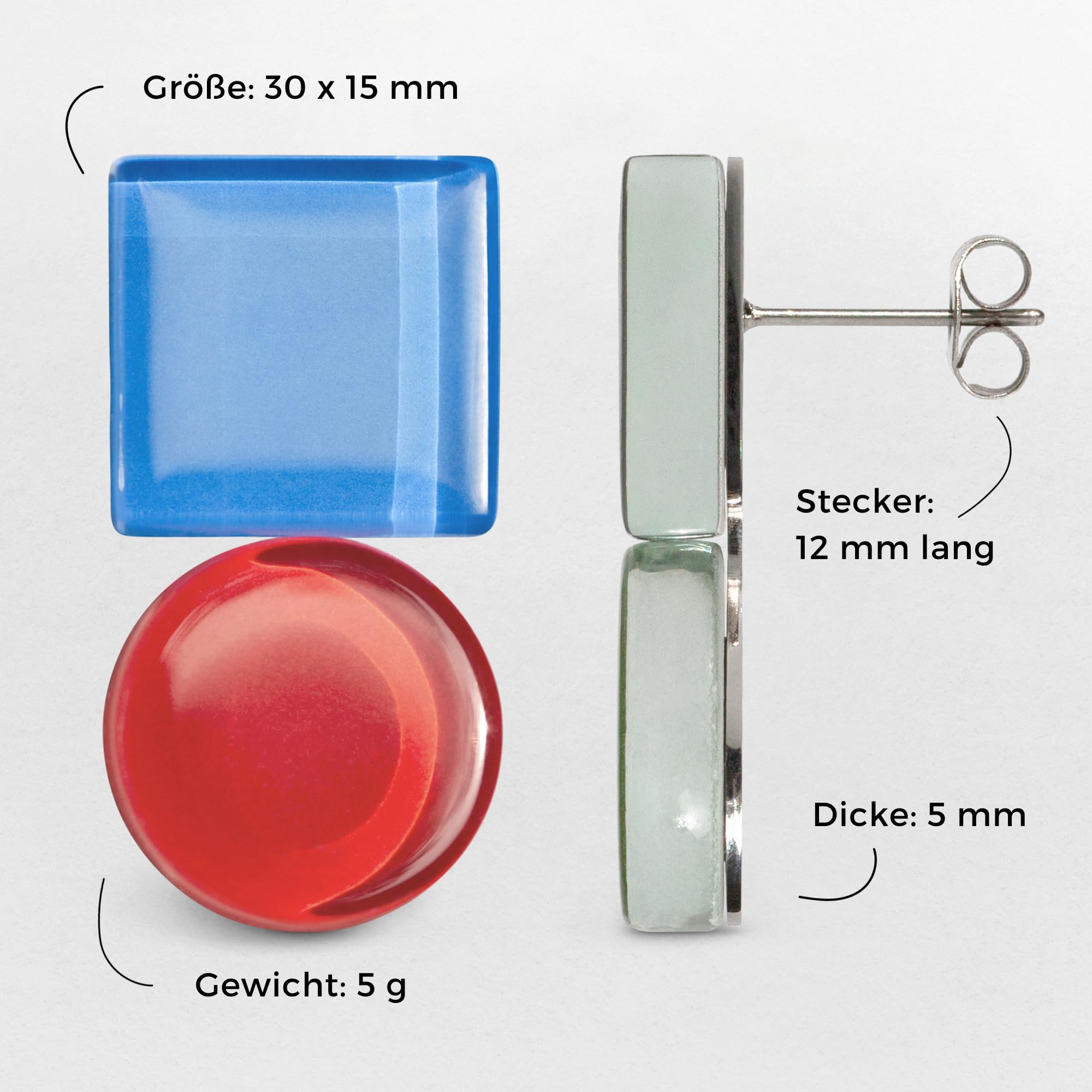 Geometrische Statement Ohrringe Damen • Bauhaus Design Ohrstecker in 16 Farbvarianten • Nachhaltiger Schmuck aus Glas • hypoallergen & handgemacht • 30x15x4mm