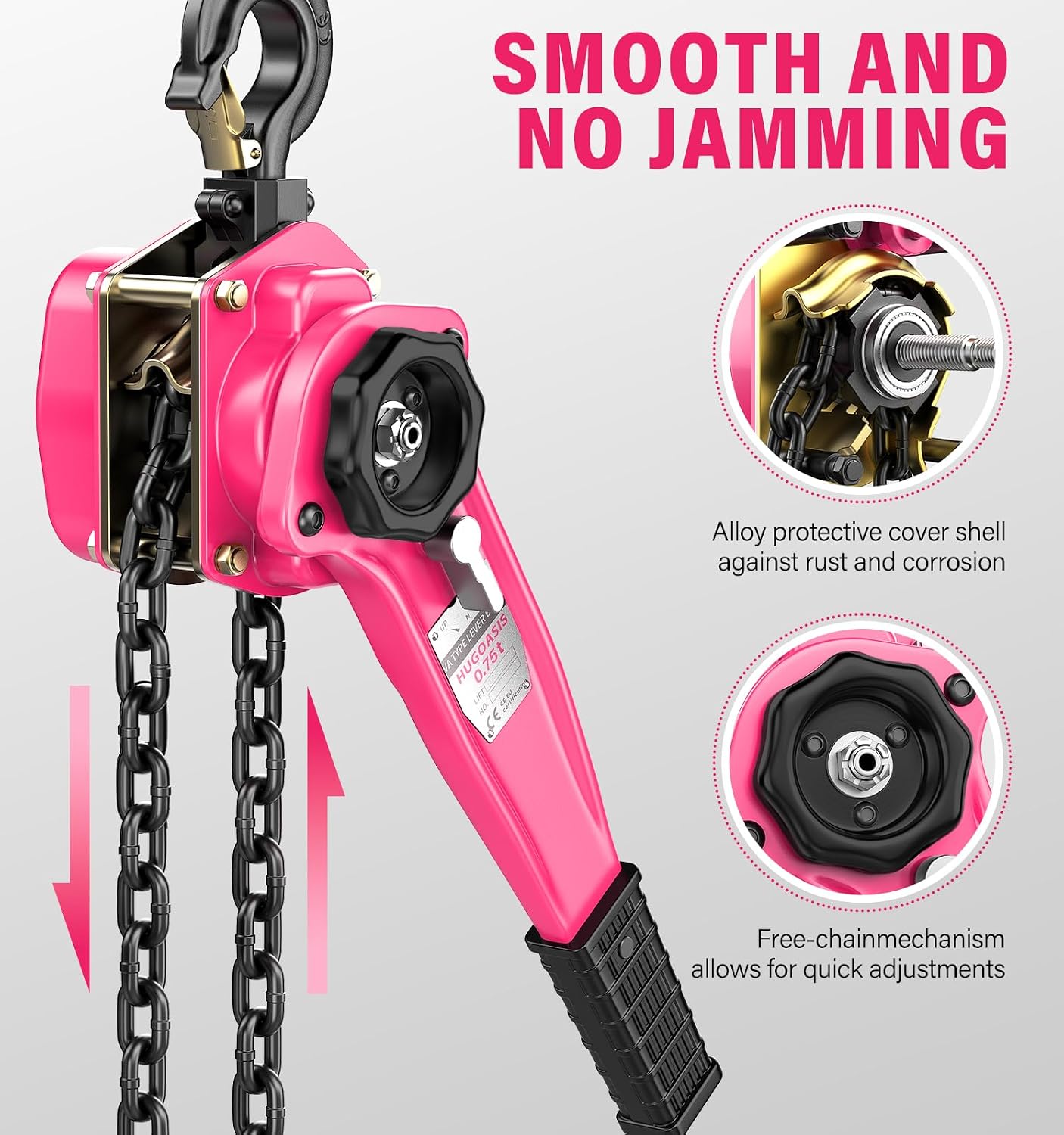 Lever Chain Hoist 3/4 Ton 1650 Lbs Capacity 5FT Lift 2 Heavy Duty Hooks,Manganese Steel G80 Manganese Steel with Double-Pawl Brake Chain Come Along for Warehouse,Automotive,Garages,Pink