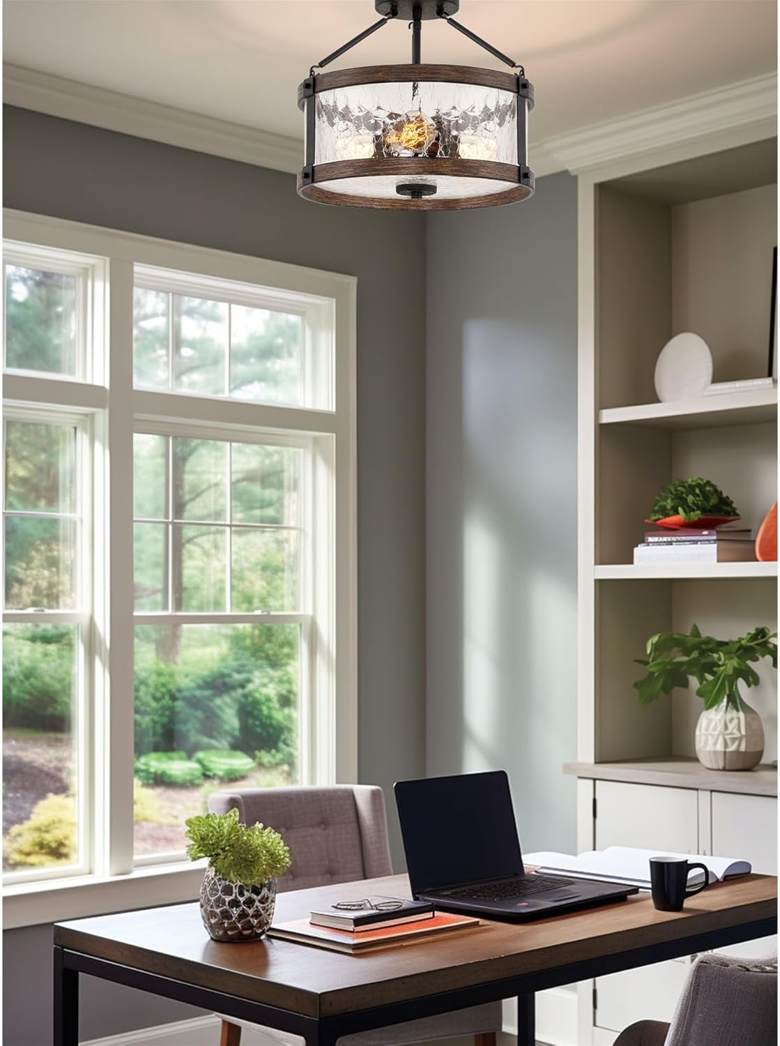 Kira Home Hadley 14" 3-Light Modern Farmhouse Semi-Flush Mount/Hall Light Ceiling Fixture + Crackled Glass Shade, Textured Black + Wood Finish Walnut Finish