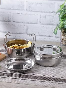 Neelam Stainless Steel, 26 Gauge Two Compartment Tiffin Box with Lid, 1000 ml Tiffin Plate 8x2, Space Saving Handles, Traditional Tiffin Carrier for School and Office, Durable and Eco-Friendly