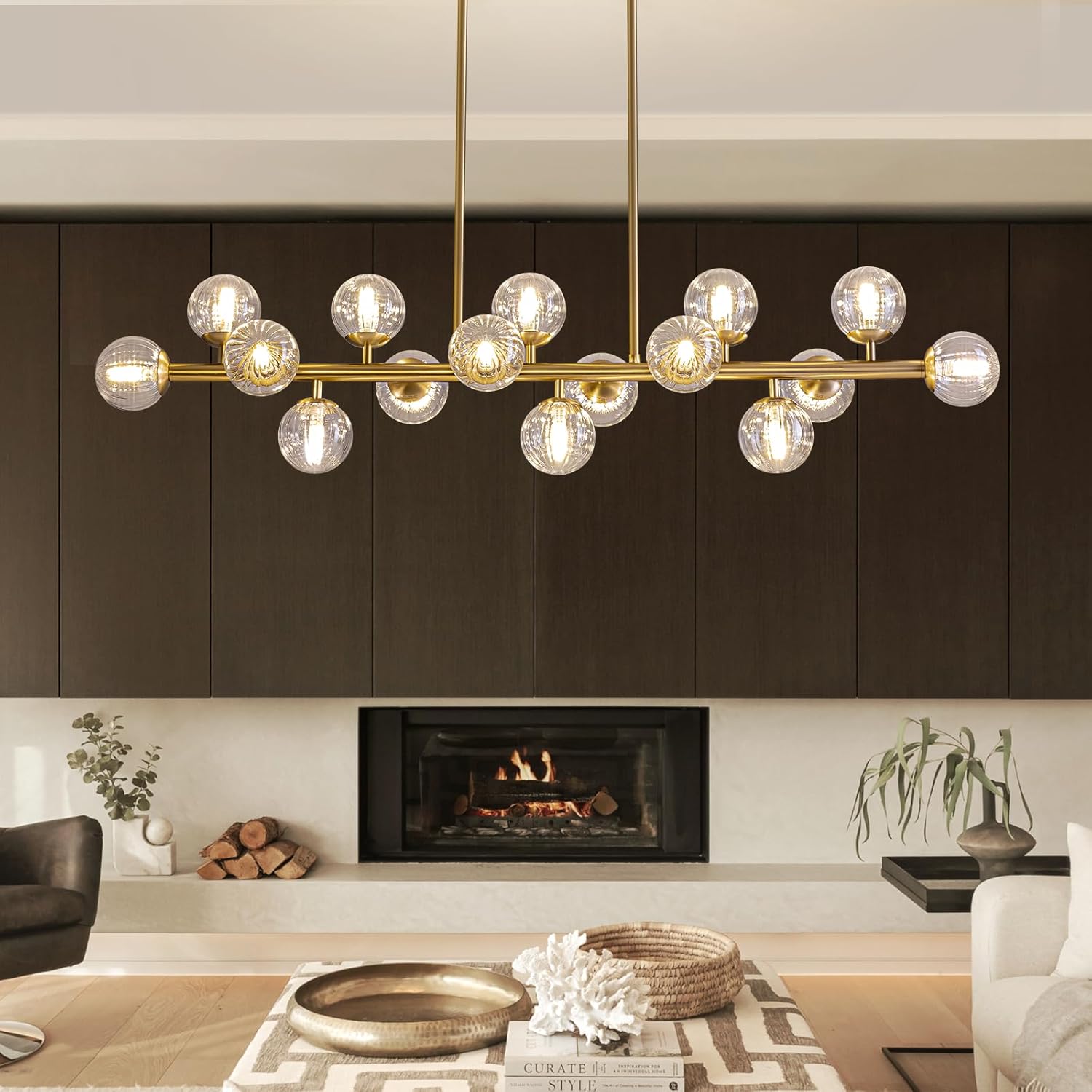 MOOONIHCE 16 Lights Rectangle Chandelier, Mid Century Globe Chandeliers with Clear Glass Shades, Gold Linear Pendant Ceiling Light Fixture for Dining Room Kitchen Island, Living Room