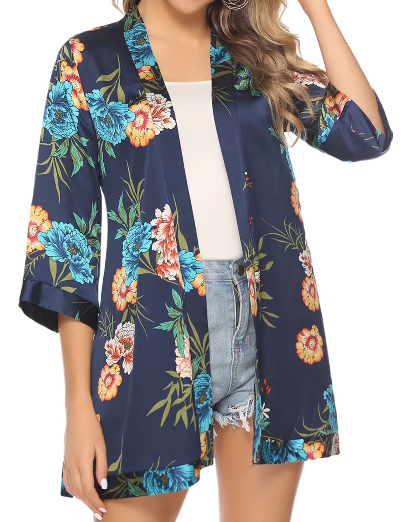 Gyabnw Cardigan Mujer Verano Kimonos Mujer de Playa Cárdigan Florales Mujer Manga 3/4 Cárdigan Elegante de Gasa Beach Cover Up