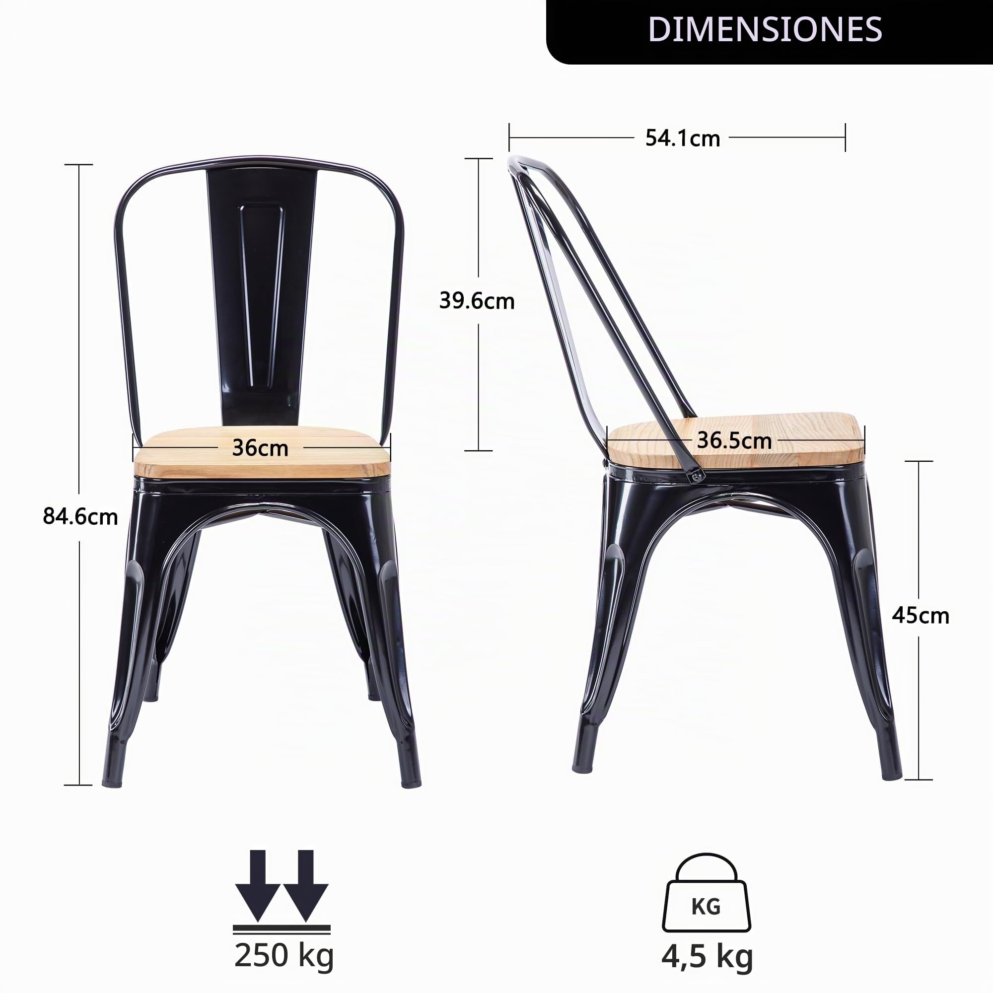 Duhome Sillas de Comedor Juego de 4 Silla Bistrot Industrial de Metal Hierro con Respaldo Estilo Vintage Taburete para Cocina Bar Café Restaurante, Negro y Madera