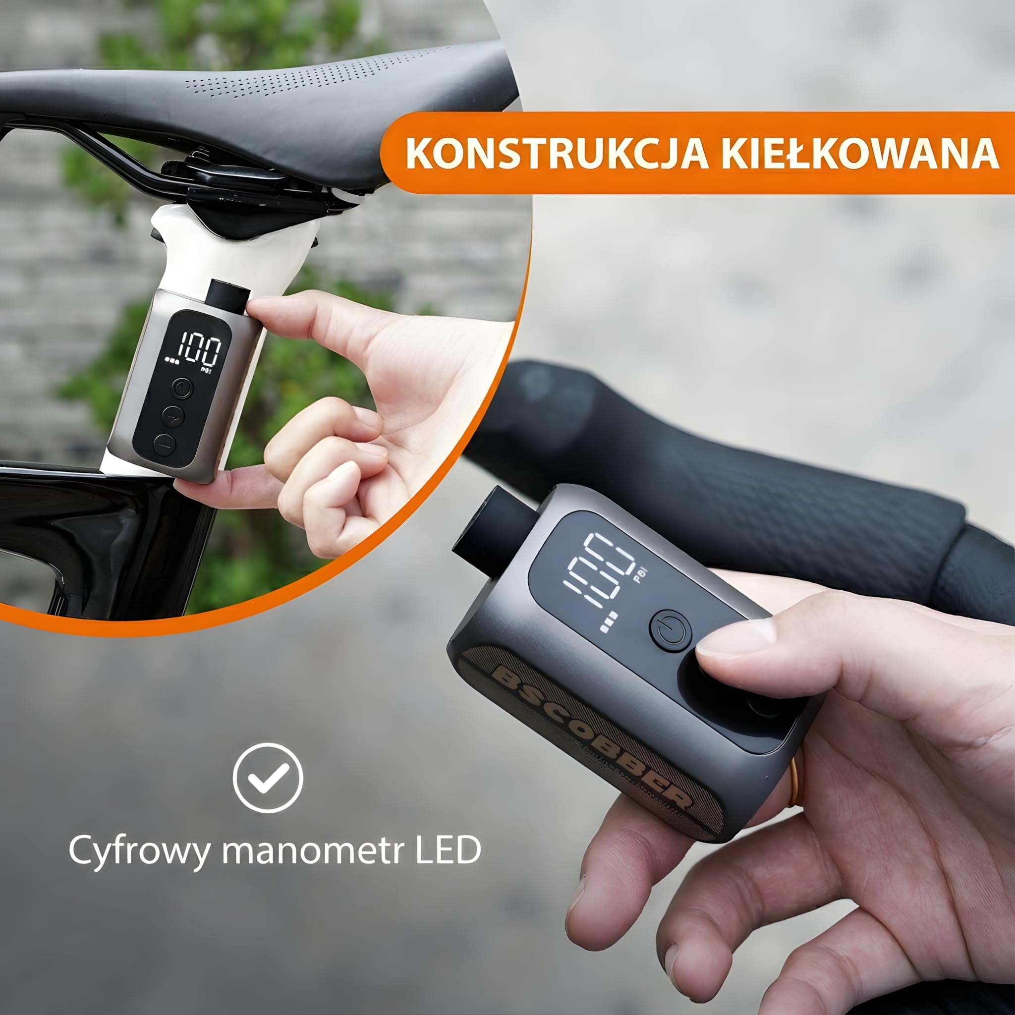 Mini elektryczna pompka rowerowa 100 PSI, manometr cyfrowy, USB-C