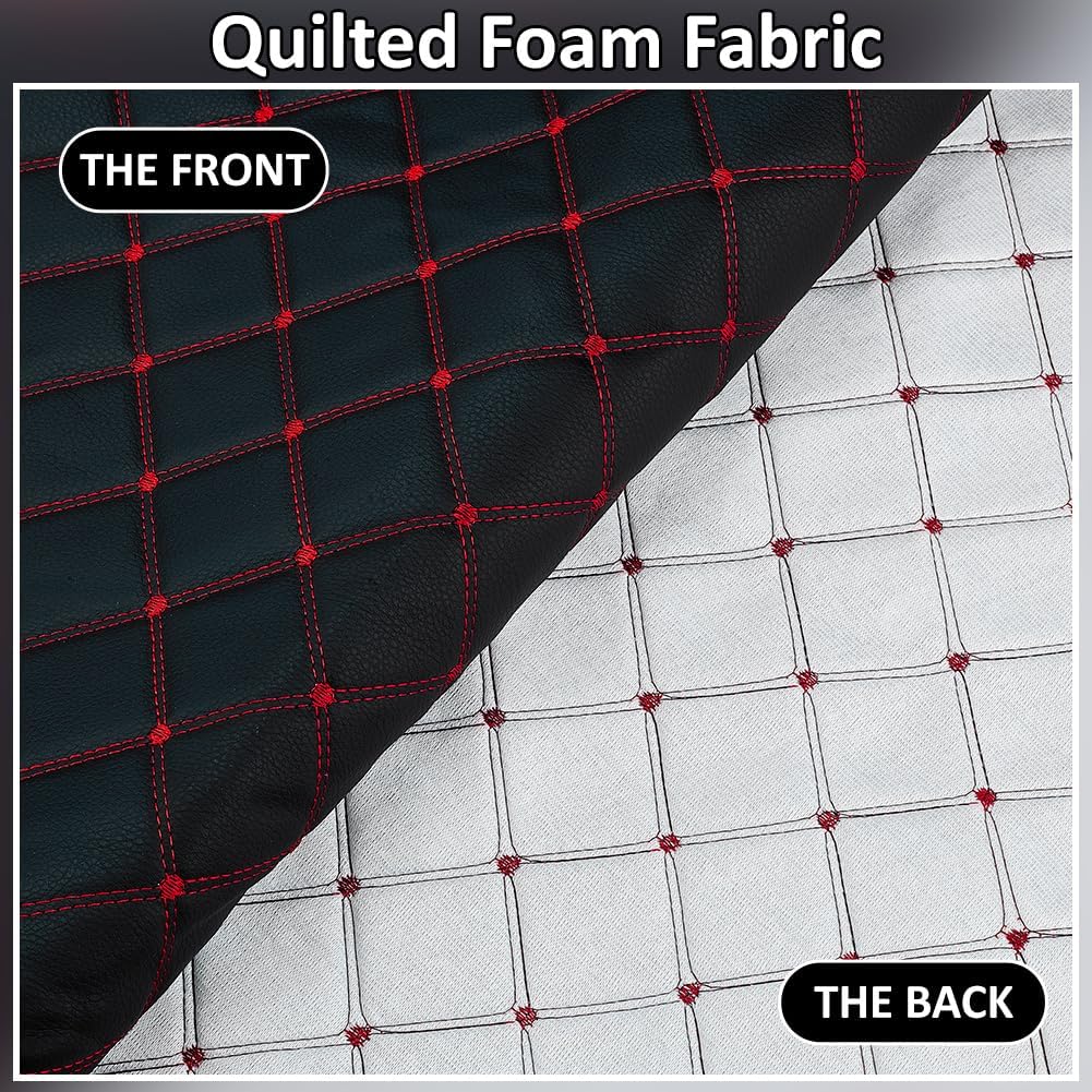 MAYJOYDIY 2.1 Yards Quilted Foam Fabric Faux Leather Fabric 61 inch Diamonds Pattern Leather Fabrics with Red Stitch for Car Automotive Interior Furniture Upholstery (Black)