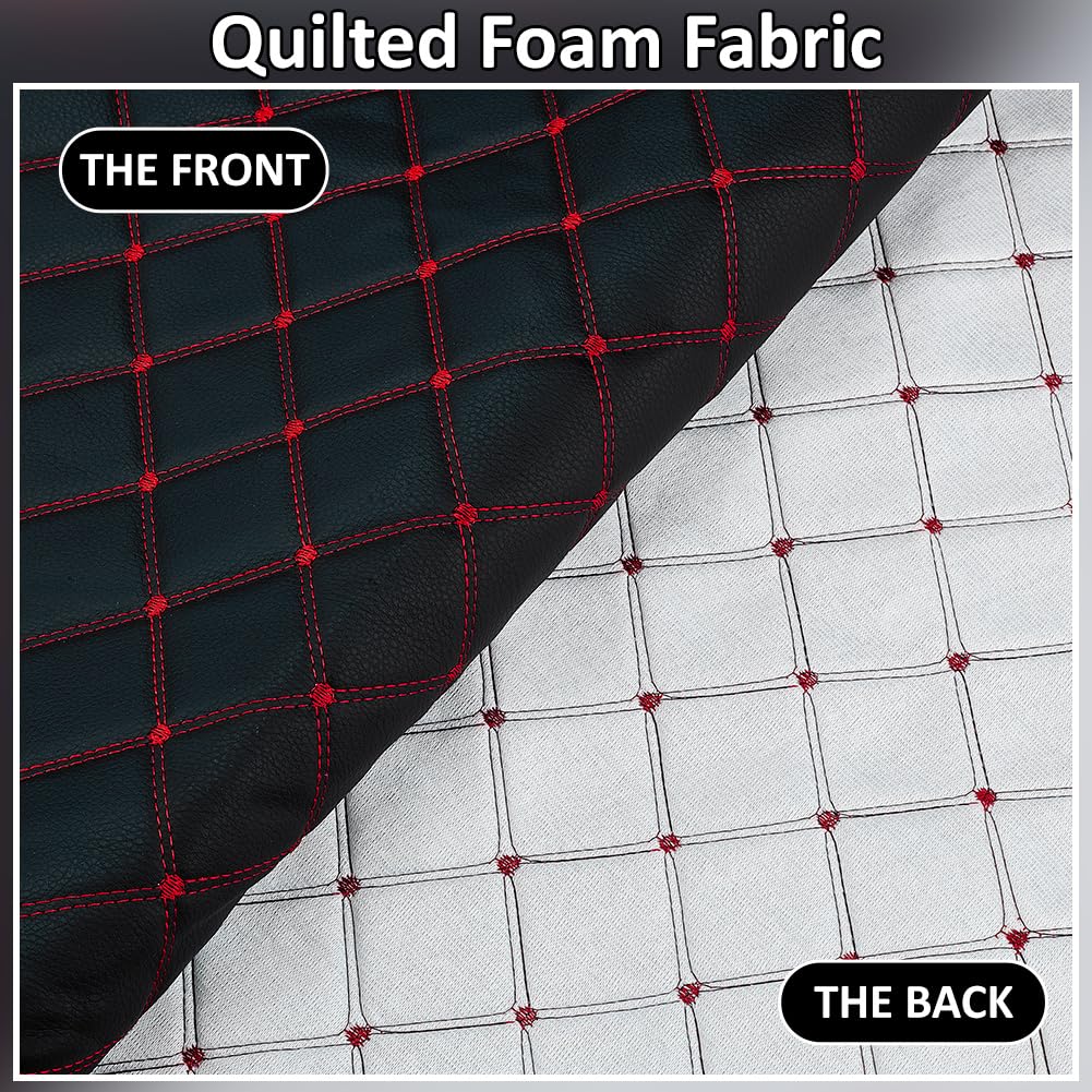 MAYJOYDIY Tissu en Mousse Matelassée de 2 m Similicuir Motif Losanges de 155cm avec Coutures Rouges pour Intérieur de Voiture Meubles et Ameublement (Noir)