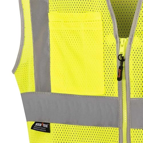 Miniatura 10 de Pioneer Chaleco de seguridad para hombre, malla reflectante de neón Hi Vis, 8 bolsillos, cierre de cremallera para construcción, tráfico, trabajo de