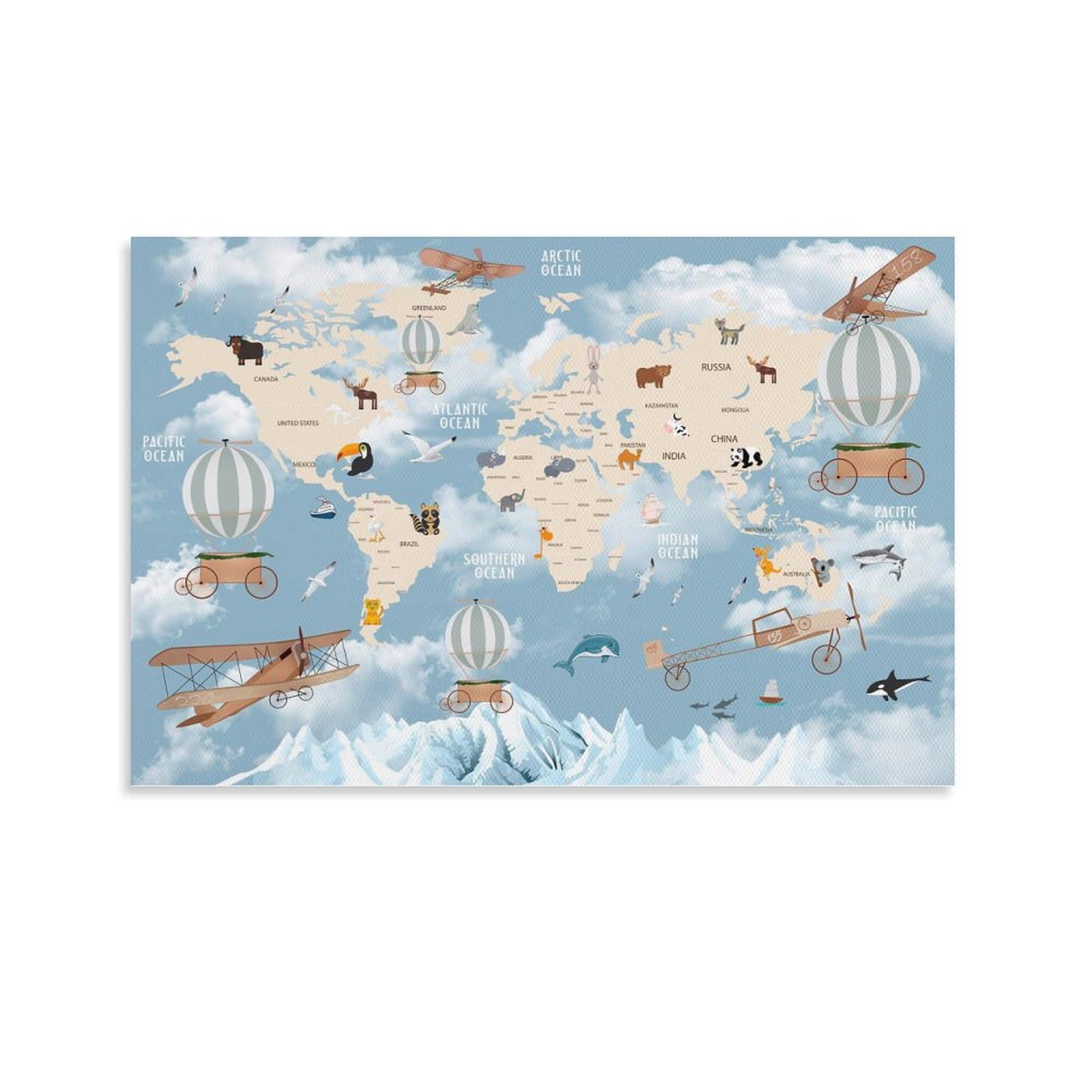 Kinderkarte auf Leinwand, große Wandkunst, Kinder-Weltkarte, großer Leinwanddruck, Weltkarte, Druck, Kinderzimmer, Weltkarte, Heimdekoration, Wohnzimmer, Schlafzimmer, Dekoration