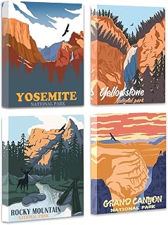 Vintage National Park Wall Art | National Park Painting Wall Decor, Natural Art Mountain Abstract Paint(8 inches x10 inches -4pcs Framed)