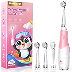 DADA-TECH Toddler Electric Toothbrush Kids Age 1-2-3 Years Old, Baby Electric Toothbrush with LED Light 2 Minutes Timer 4 Vibrating Heads for Infants Toothbrush 6 to 12 Months and Up (Pink Penguin)