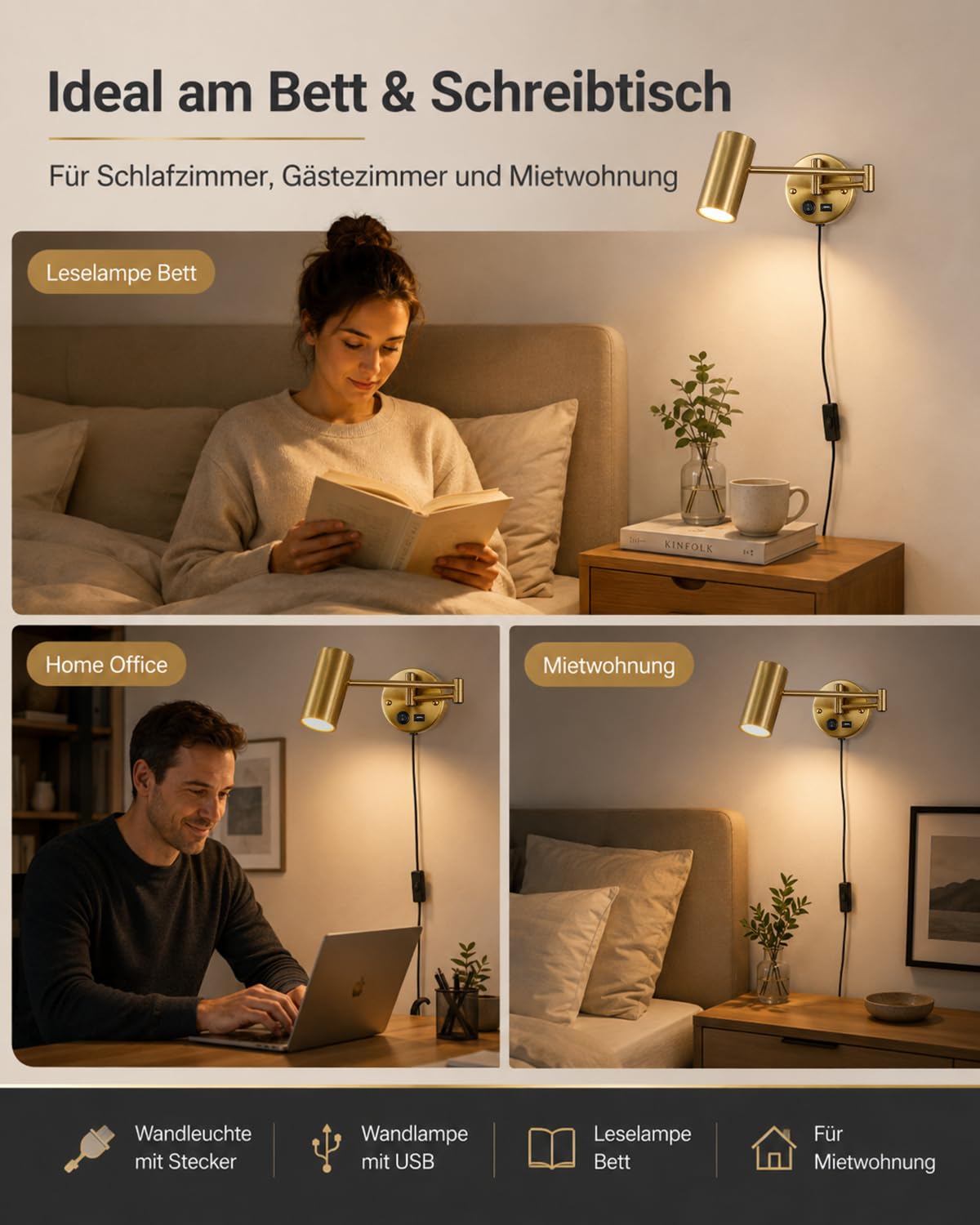 Wandleuchte mit Stecker und Schalter, Leselampe Wand Gold mit USB Ladeport, Schwenkarm Wandlampe E27 mit 150cm Kabel, 3000K Warmweiß Nachttischlampe für Schlafzimmer Wohnzimmer