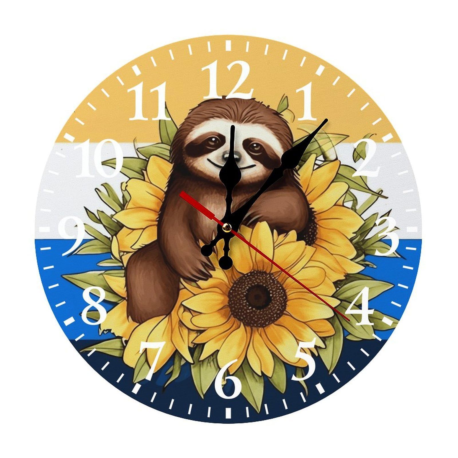 NTVOWPZO 10 Inch Wall Clock Cartoon Sloth Sitting on Sunflower Battery Operated Wall Clocks Silent Non-Ticking Round Wall Clock for Living Room Kitchen Home Office Wall Decorative Clock