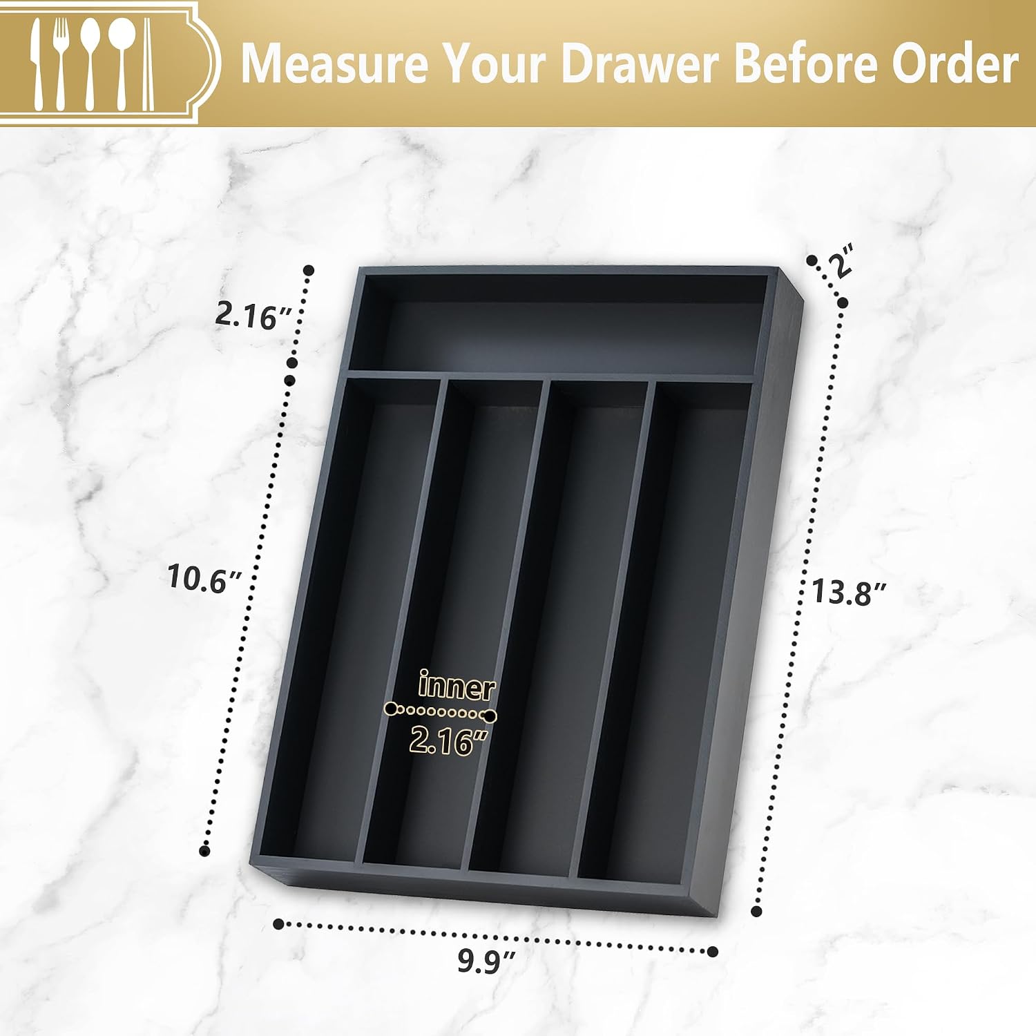 Silverware Organizer, 10 Inch Utensil Organizer Kitchen Drawer Organizer Bamboo Silverware Holder Cutlery Tray Organizer in Drawer Flatware Organizer Tray(5 slots, Black image 2