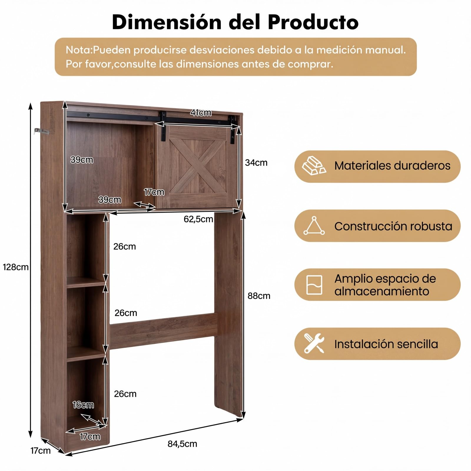 COSTWAY Armario de Almacenamiento sobre el Inodoro WC, Estante de Baño con Puerta Corredera & Estantes de Almacenaje, Estantería Multifuncional para Baño, Lavandería, 84,5 x 17 x 128 cm (Café)