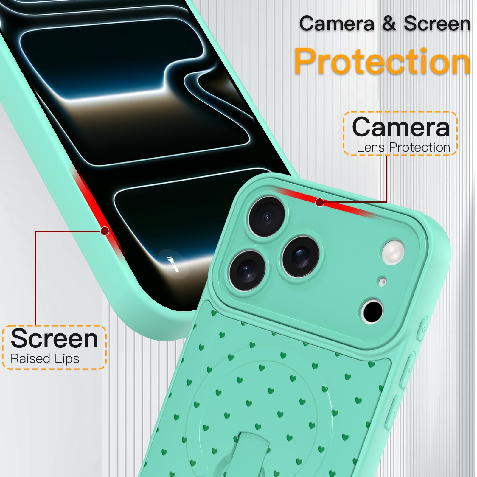 SOKAD Funda magnética con diseño de corazones y lunares para iPhone 17 Pro Max con soporte para correa de dedo, compatible con Magsafe, diseño de lindo amor pequeño diseñado para mujeres y hombres