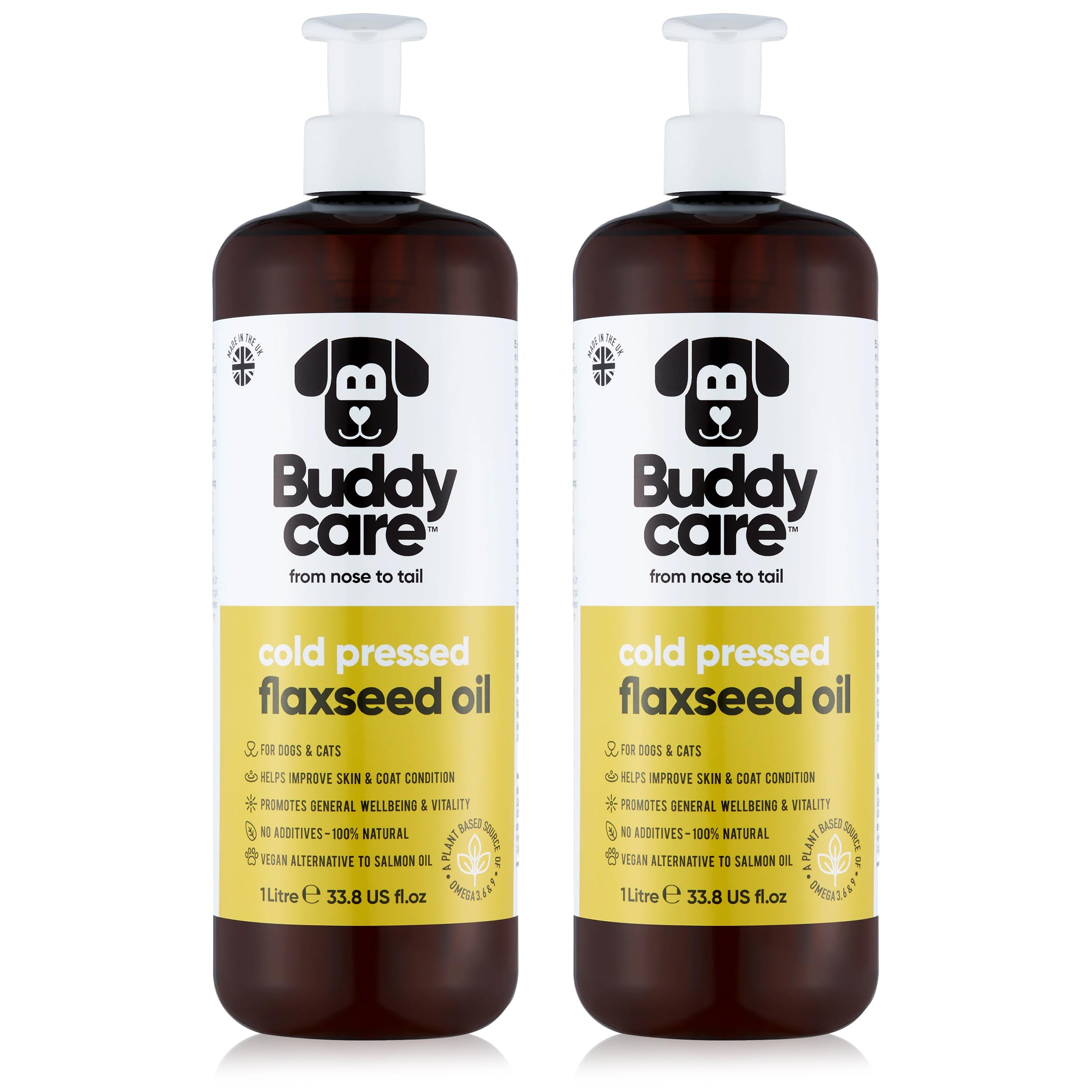 Buddycare Olej lniany - 1 l x 2 - naturalny suplement dla psów i kotów - bogaty w kwasy tłuszczowe omega-3 dla zdrowej sierści i skóry