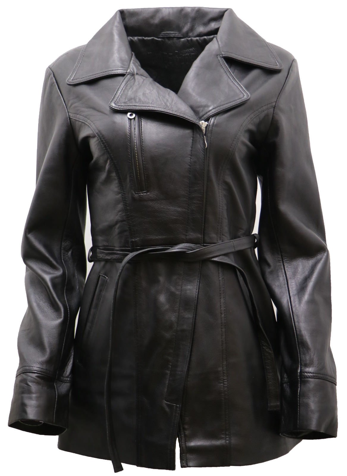 Infinity Leather Women's Black Nappa Leather Long Biker Jacket With Belt 20