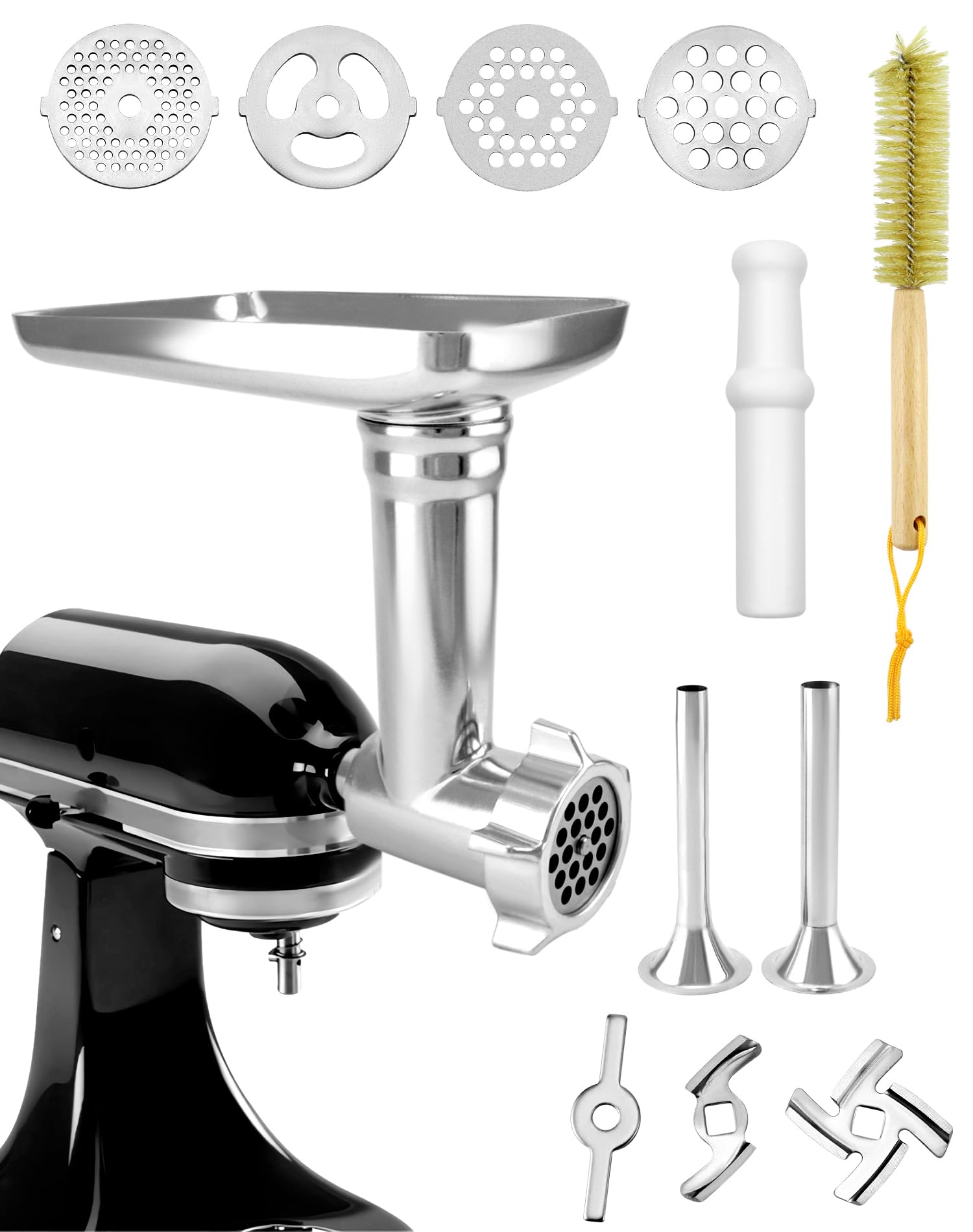 QWORKFood Meat Mincer Sausage Maker Attachment Compatible with KitchenAid Stand Mixer, Include 4 Grinding Discs and 3 Sausage Stuffer Tubes
