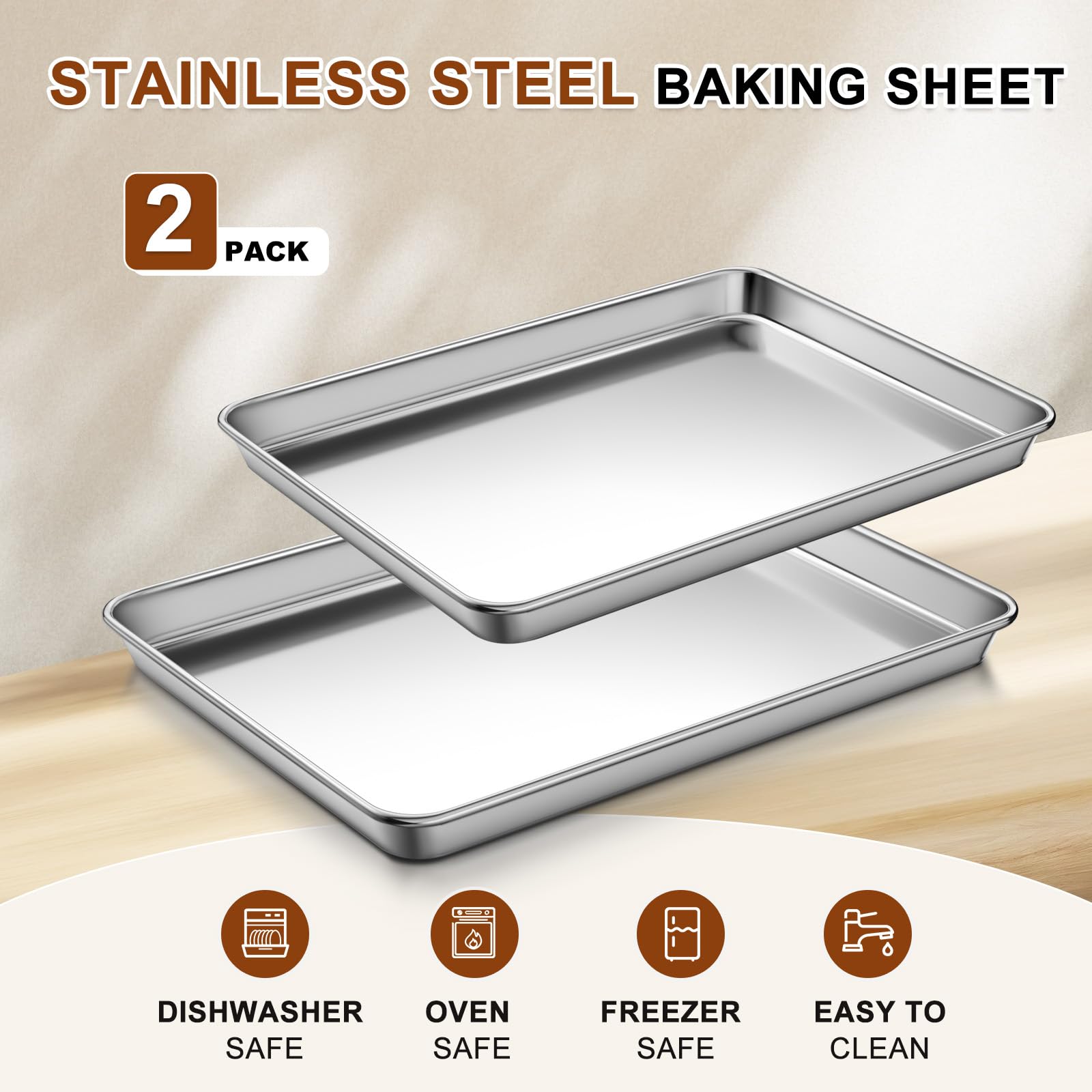 Backblech-Set, handelsübliche Edelstahl-Backbleche zum Backen, 44 x 33 cm, dickeres und festeres Backformen-Set, rost- und verwindungsbeständig, antihaftbeschichtet, ungiftig und strapazierfähig, 2
