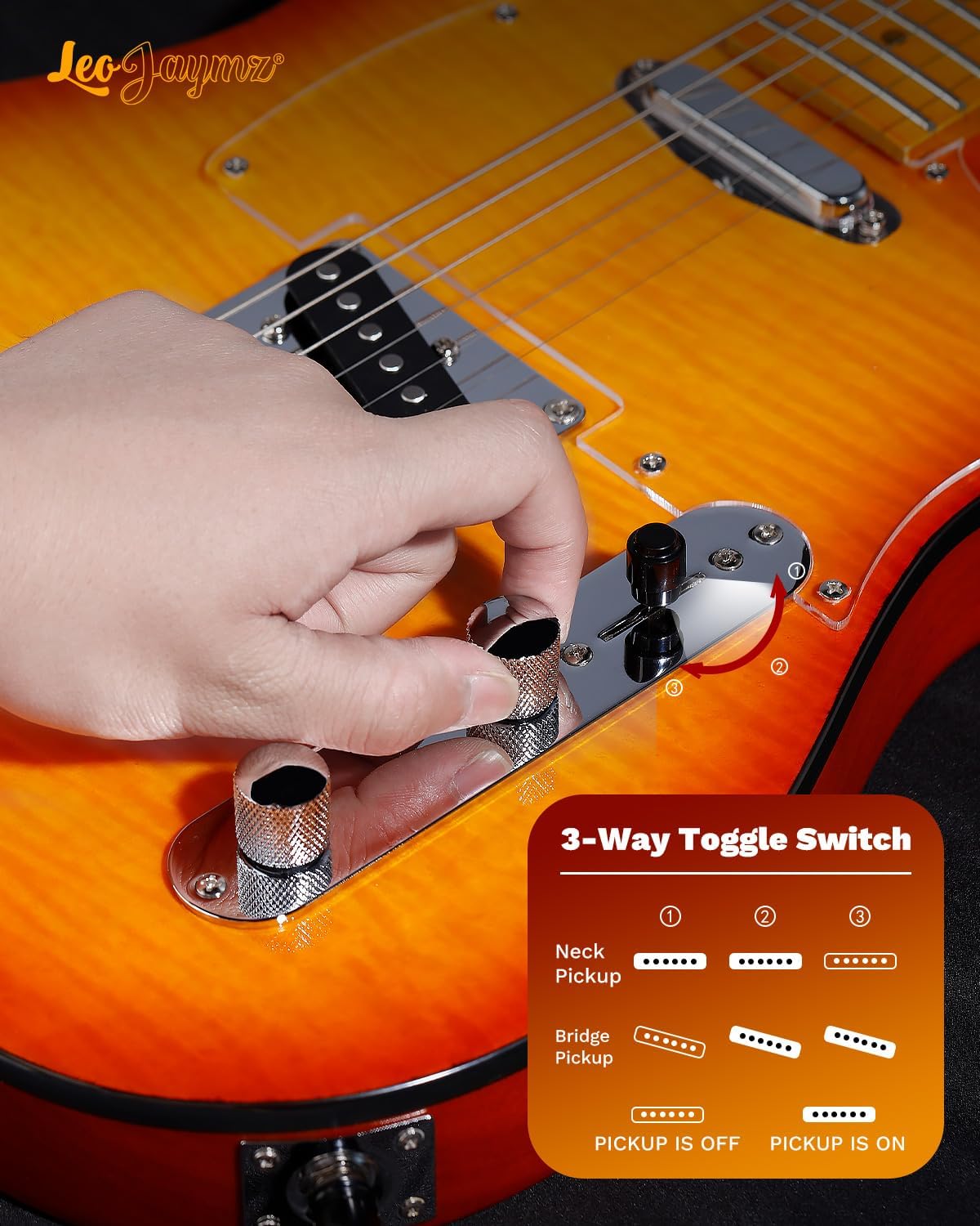 Leo Jaymz TL Style Electric Guitar with Flame Maple Top - High Gloss Mahogany Body and Hard Maple Neck - High Transparent Acrylic Pickguard (Transparent Honey Burst)