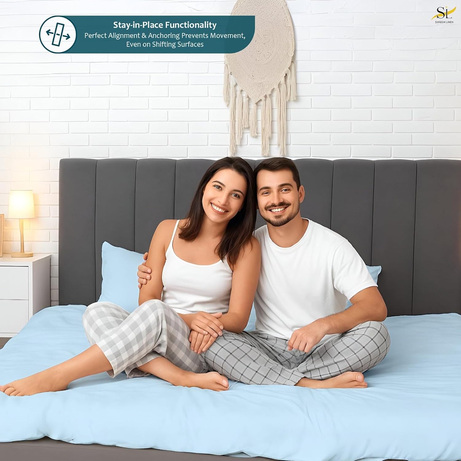 Shreem Linen Queen Waterbed Sheets, 4-Piece 100% Egyptian Cotton Attached Sheet Set with 15" Deep Pocket, Soft & Breathable Bedsheets for Water Beds, Light Blue Solid