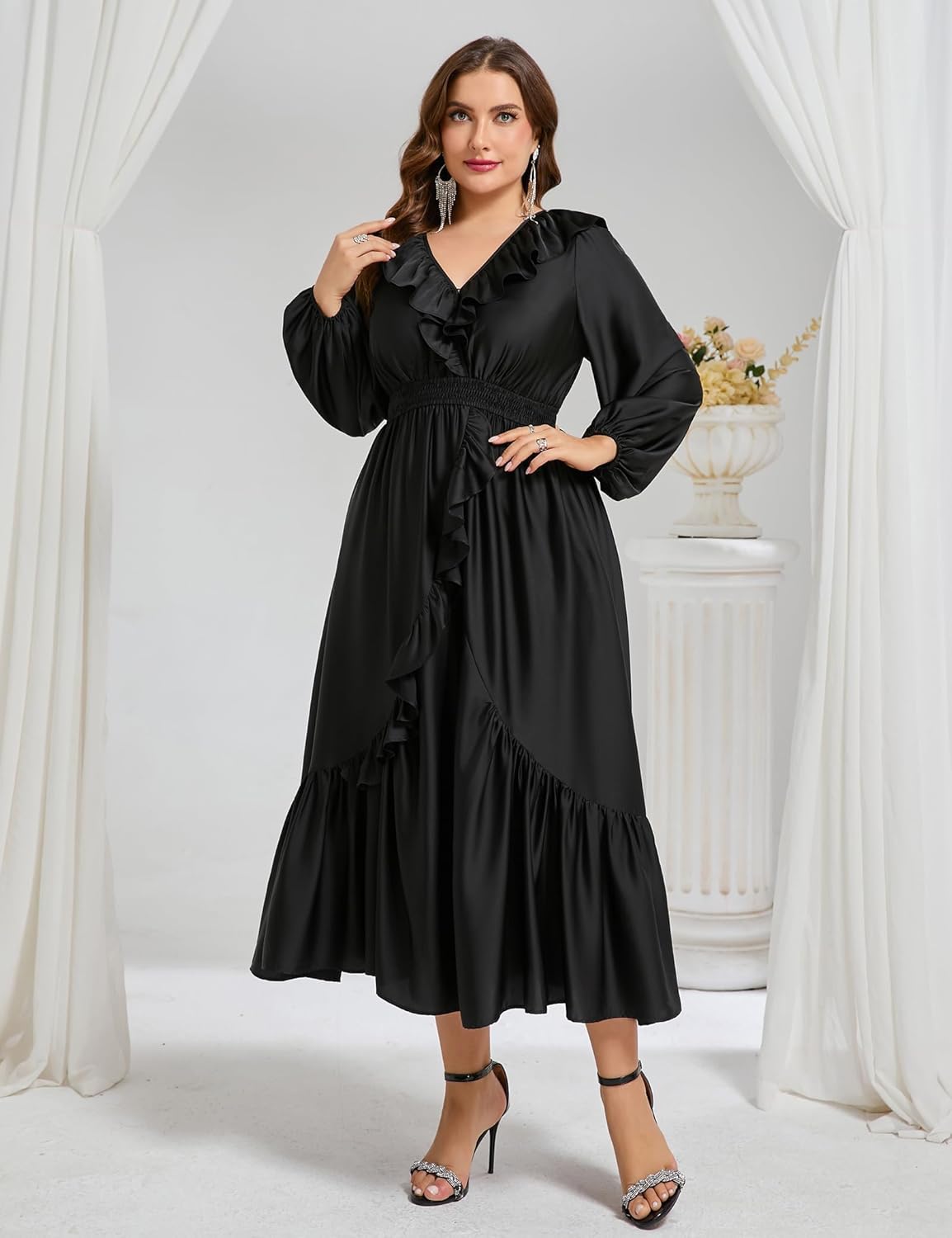 Plus Size Ruffle Long Sleeve V-Neck Smocked Waist Maxi Satin Dress Formal Cocktail Wedding Guest Holiday Dresses - Image 7