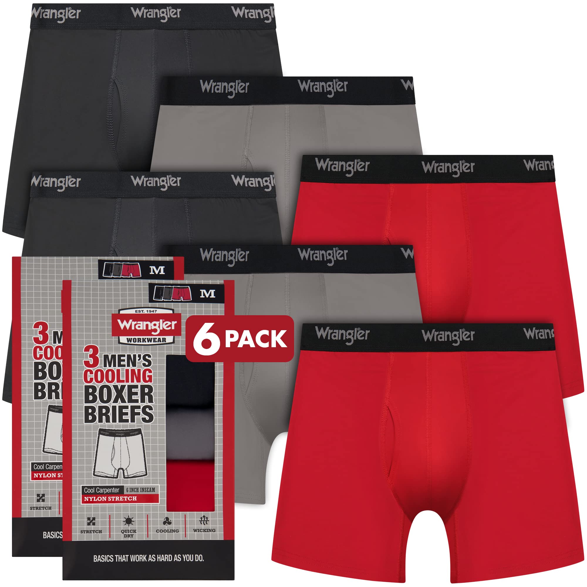 Wrangler Men’s Cooling Boxer Briefs, 6” Inseam, Moisture-Wicking, Stretch Fabric, Pack of 6, Quick Dry